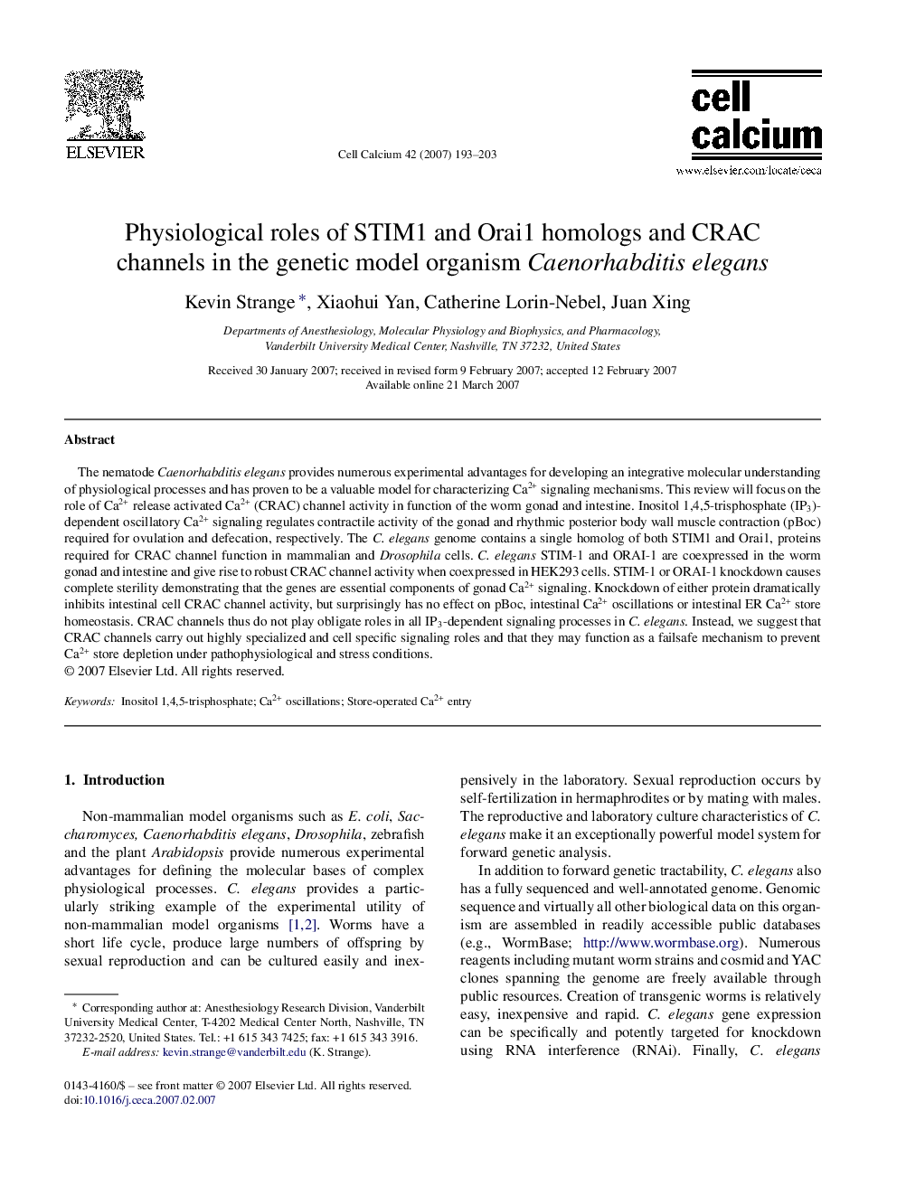 Physiological roles of STIM1 and Orai1 homologs and CRAC channels in the genetic model organism Caenorhabditis elegans