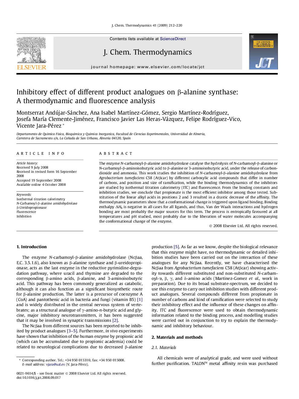 عکس صفحه اول مقاله: Inhibitory effect of different product analogues on β-alanine synthase: A thermodynamic and fluorescence analysis Inhibitory effect of different product analogues on β-alanine synthase: A thermodynamic and fluorescence analysis