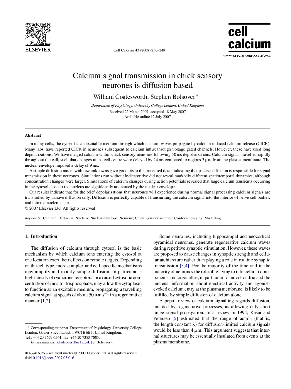 Calcium signal transmission in chick sensory neurones is diffusion based