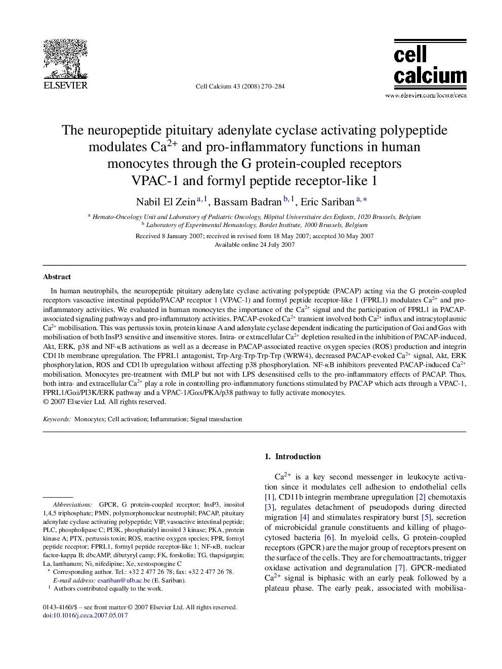 The neuropeptide pituitary adenylate cyclase activating polypeptide modulates Ca2+ and pro-inflammatory functions in human monocytes through the G protein-coupled receptors VPAC-1 and formyl peptide receptor-like 1