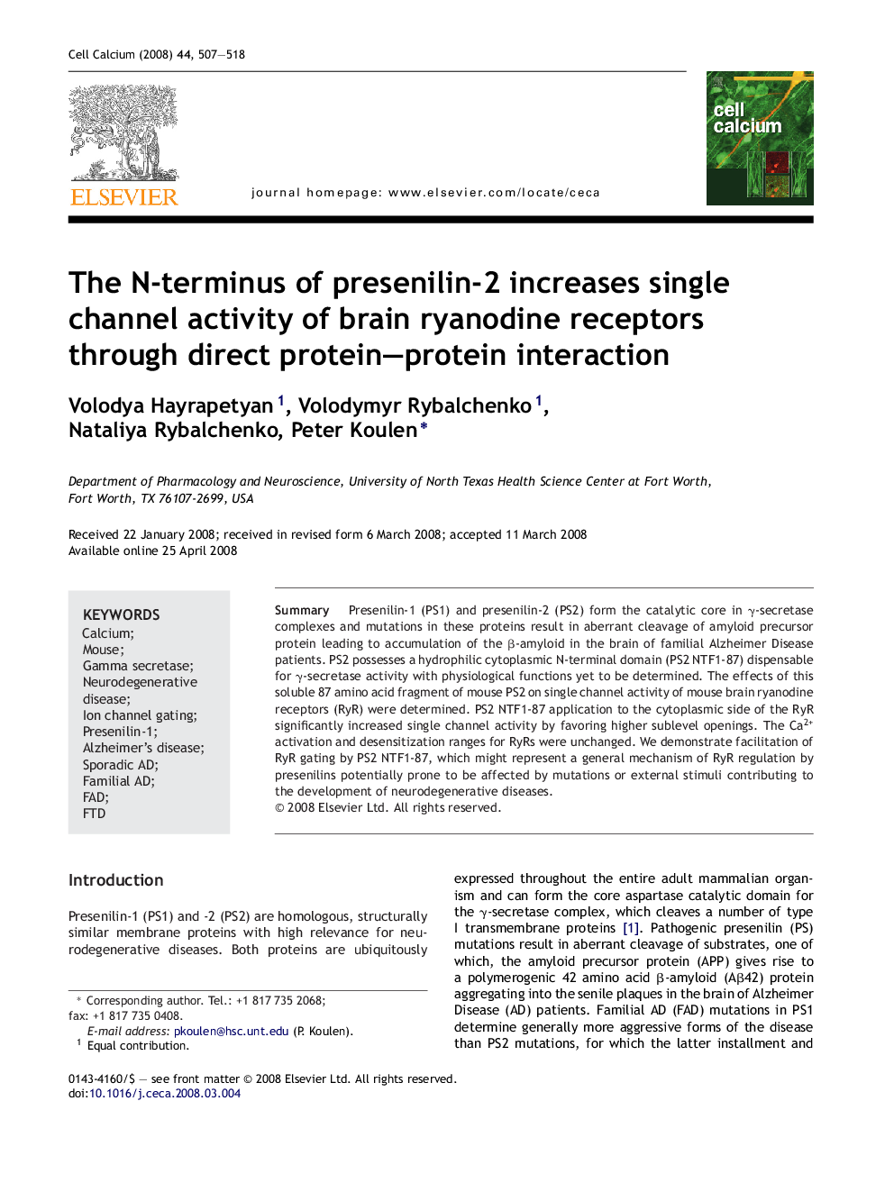 The N-terminus of presenilin-2 increases single channel activity of brain ryanodine receptors through direct protein–protein interaction