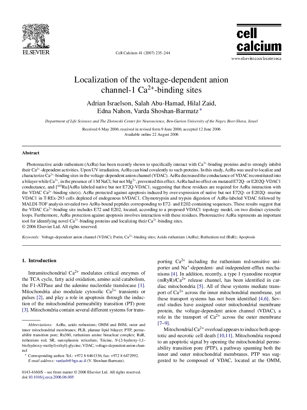 Localization of the voltage-dependent anion channel-1 Ca2+-binding sites