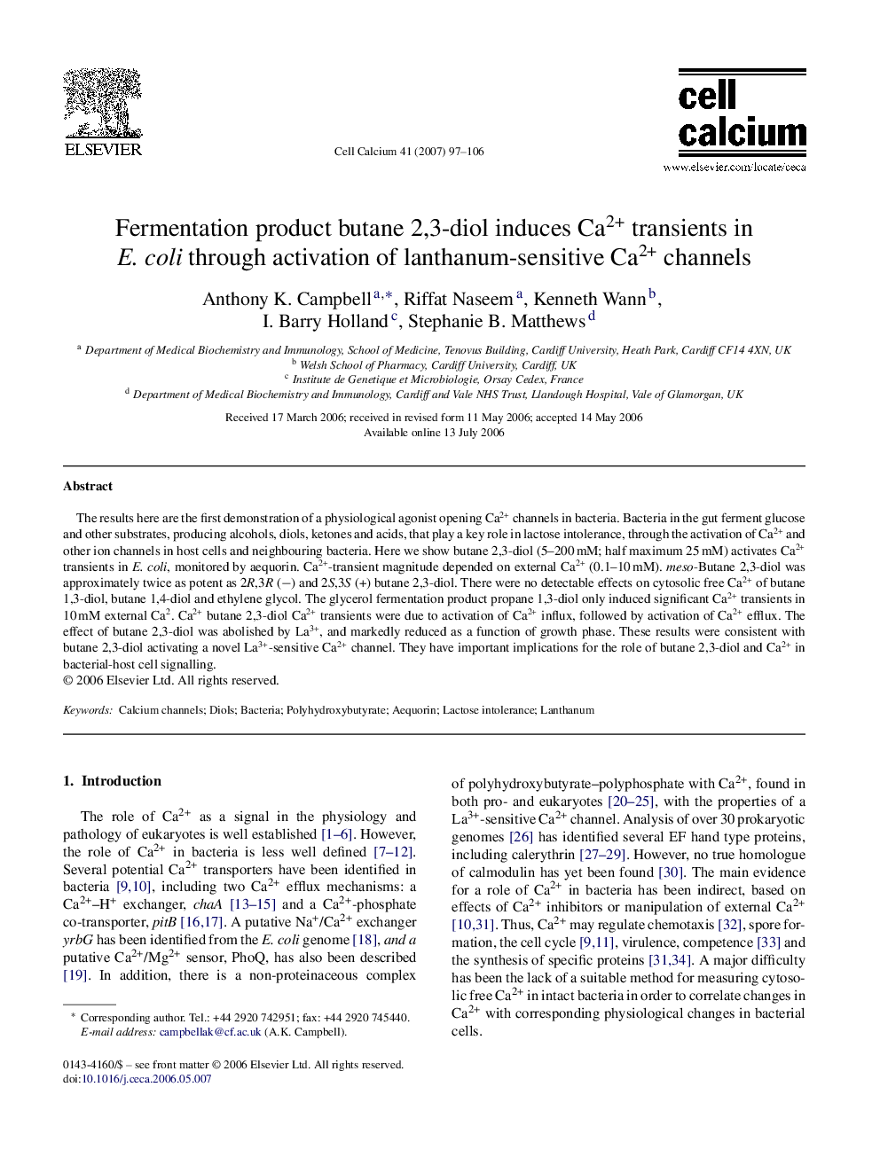 Fermentation product butane 2,3-diol induces Ca2+ transients in E. coli through activation of lanthanum-sensitive Ca2+ channels