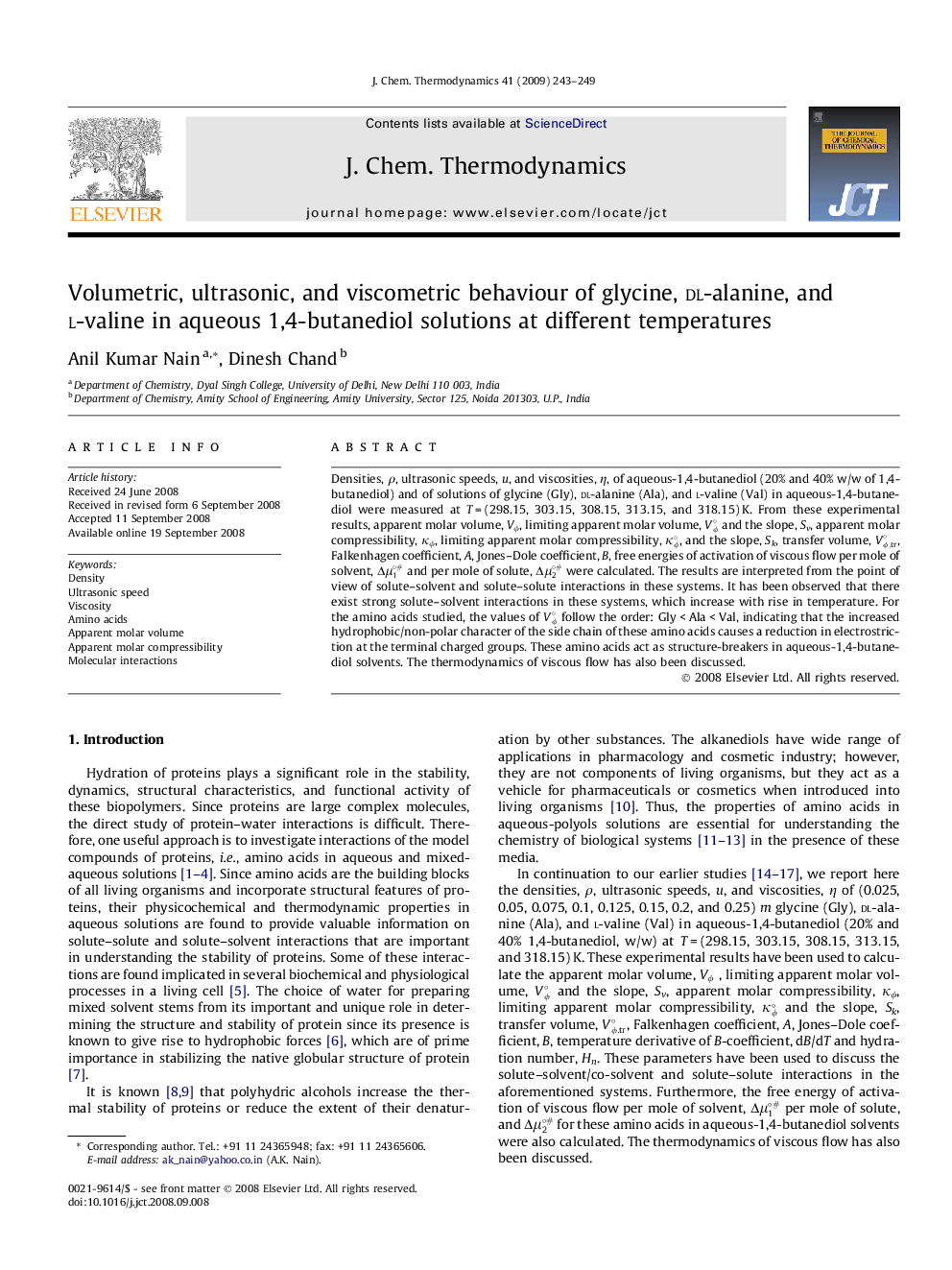 Volumetric, ultrasonic, and viscometric behaviour of glycine, dl-alanine, and l-valine in aqueous 1,4-butanediol solutions at different temperatures