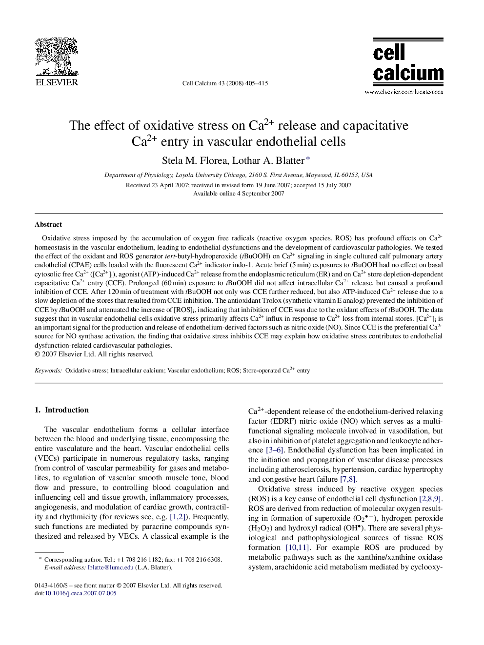 The effect of oxidative stress on Ca2+ release and capacitative Ca2+ entry in vascular endothelial cells