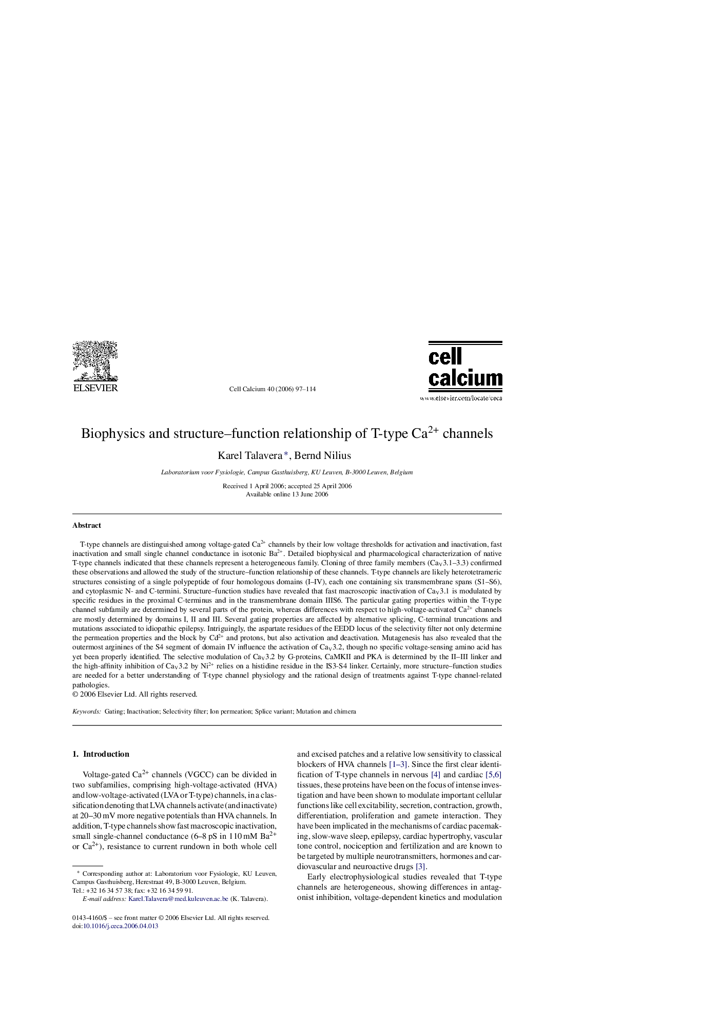 Biophysics and structure–function relationship of T-type Ca2+ channels