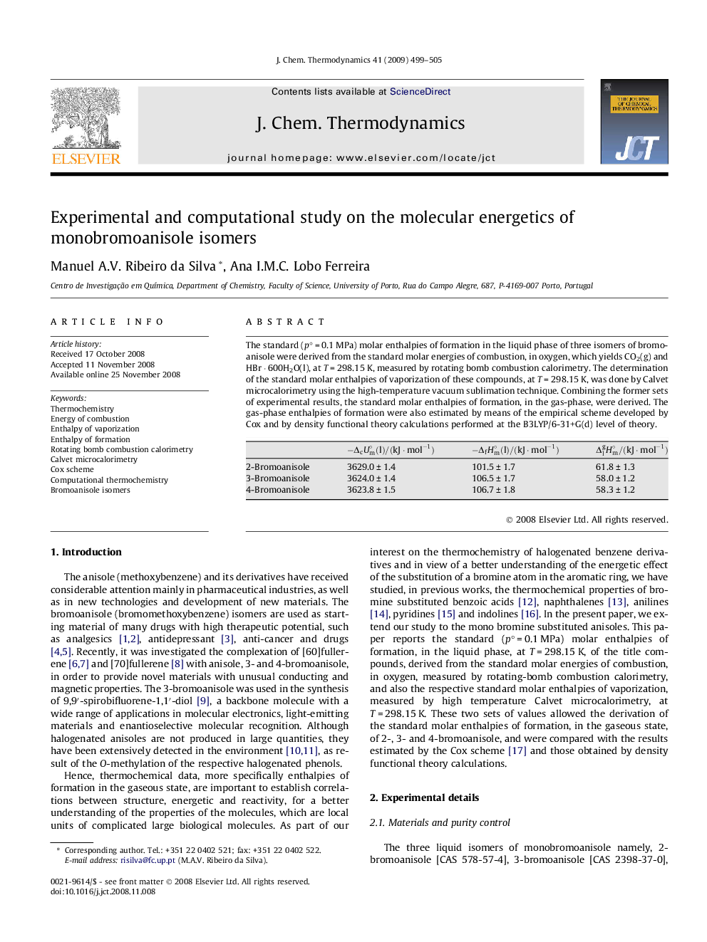 عکس صفحه اول مقاله: Experimental and computational study on the molecular energetics of monobromoanisole isomers Experimental and computational study on the molecular energetics of monobromoanisole isomers
