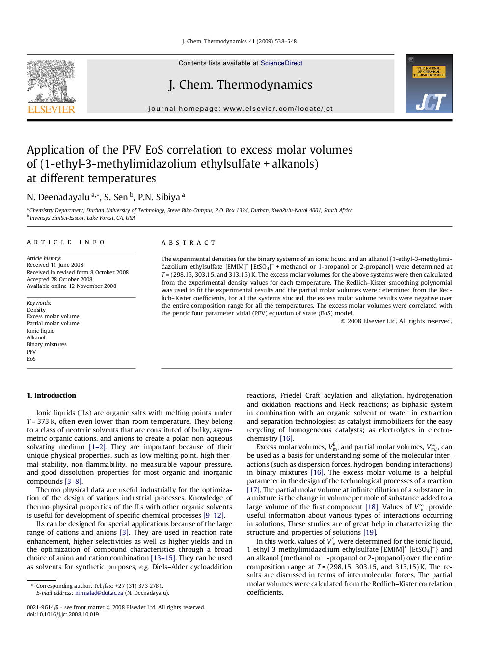 Application of the PFV EoS correlation to excess molar volumes of (1-ethyl-3-methylimidazolium ethylsulfate + alkanols) at different temperatures