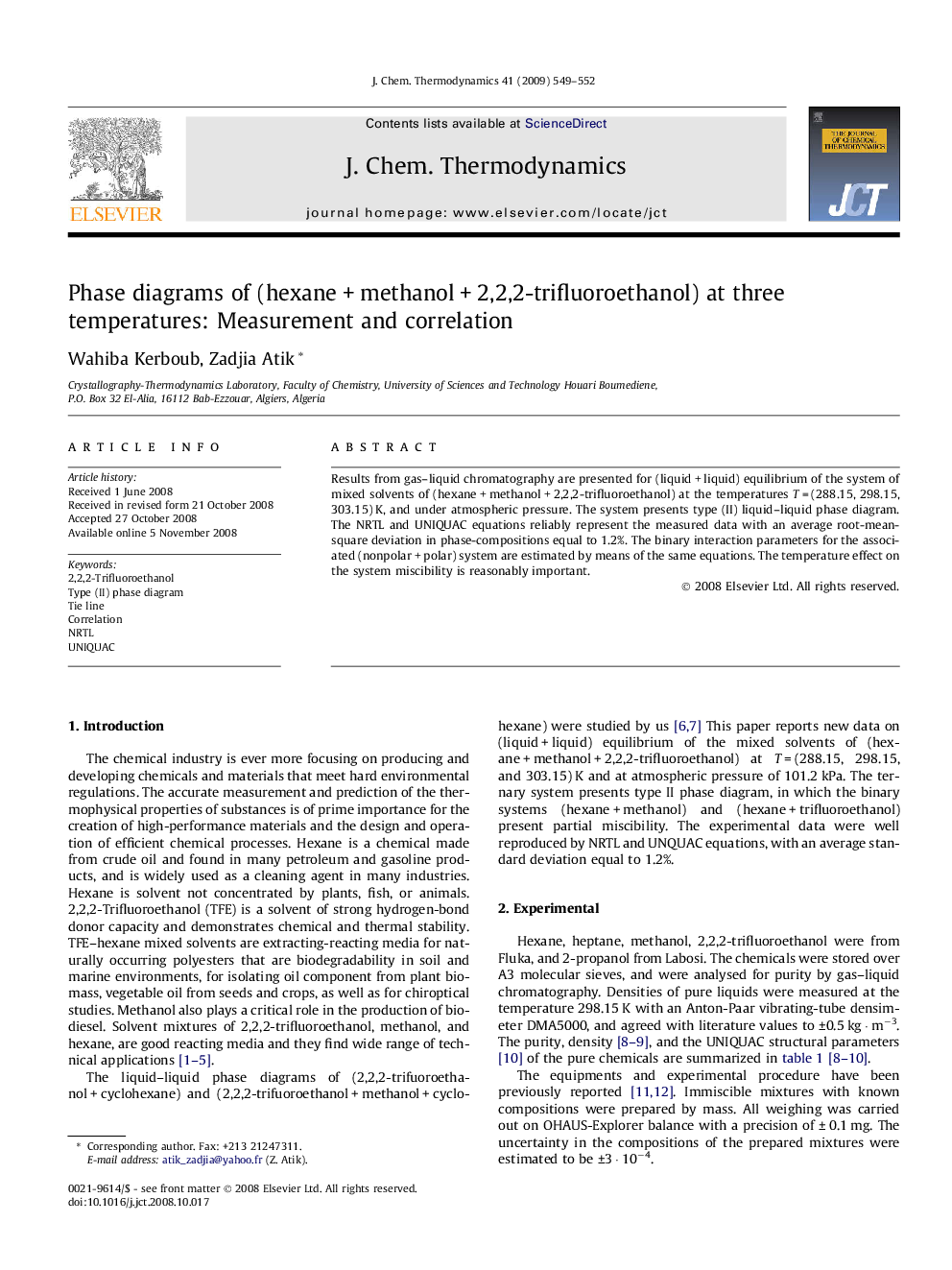 Phase diagrams of (hexane + methanol + 2,2,2-trifluoroethanol) at three temperatures: Measurement and correlation