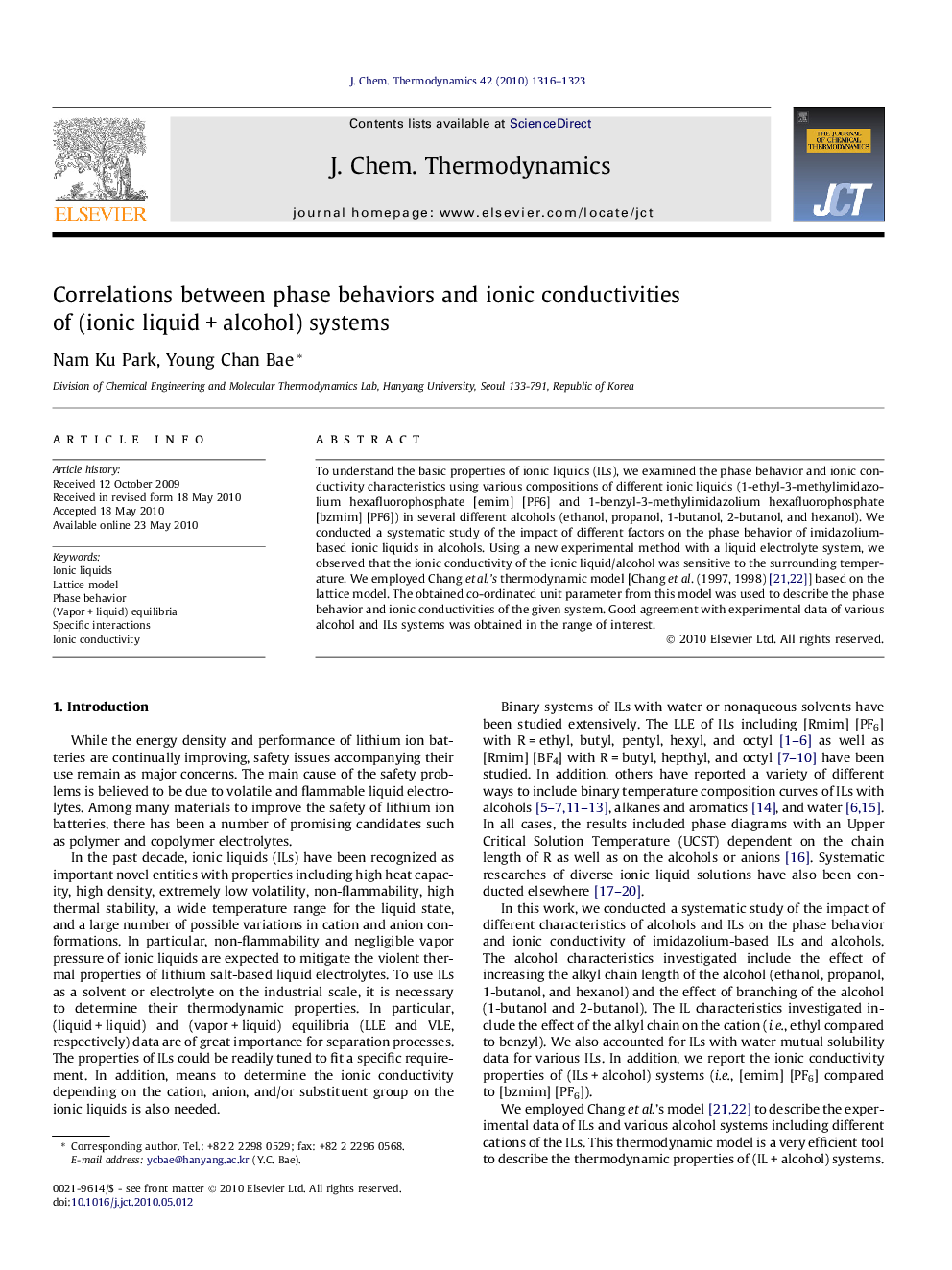 عکس صفحه اول مقاله: Correlations between phase behaviors and ionic conductivities of (ionic liquid + alcohol) systems Correlations between phase behaviors and ionic conductivities of (ionic liquid + alcohol) systems