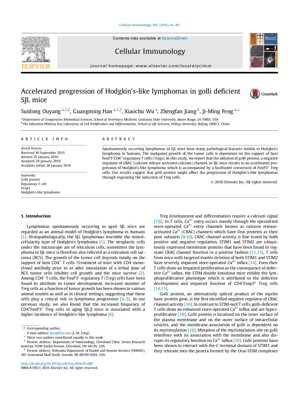 Accelerated progression of Hodgkin’s-like lymphomas in golli deficient SJL mice