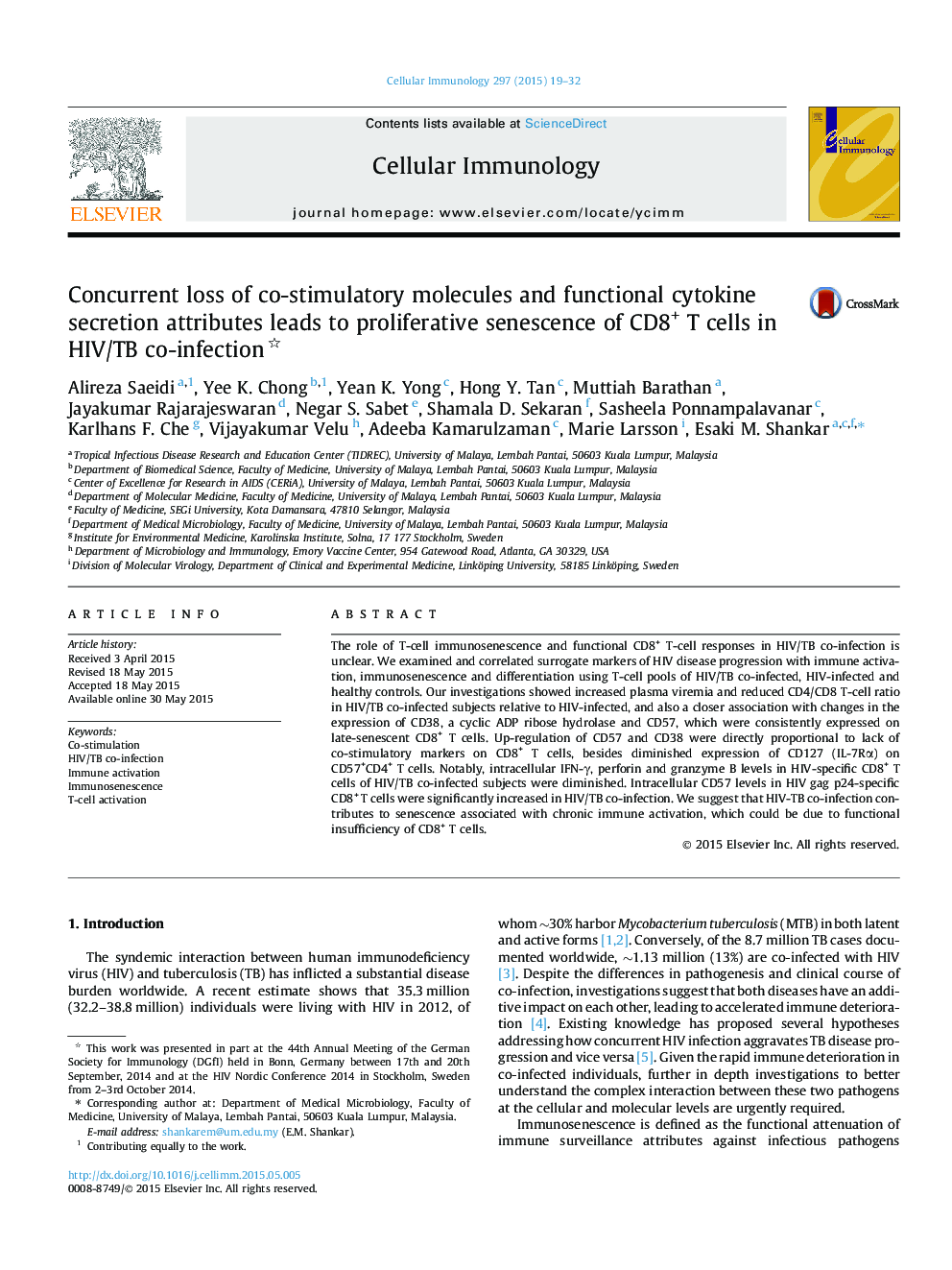 Concurrent loss of co-stimulatory molecules and functional cytokine secretion attributes leads to proliferative senescence of CD8+ T cells in HIV/TB co-infection 