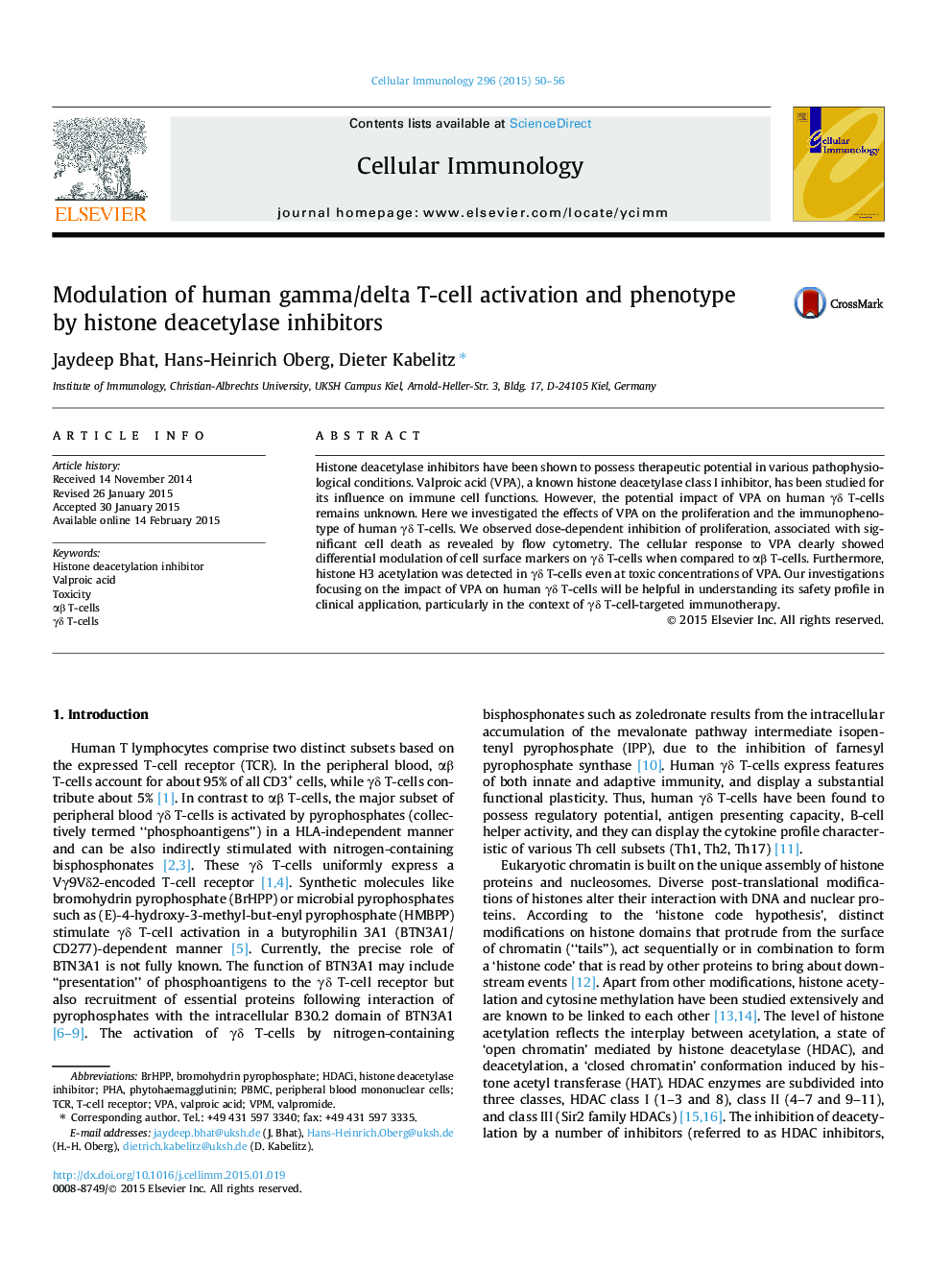 Modulation of human gamma/delta T-cell activation and phenotype by histone deacetylase inhibitors