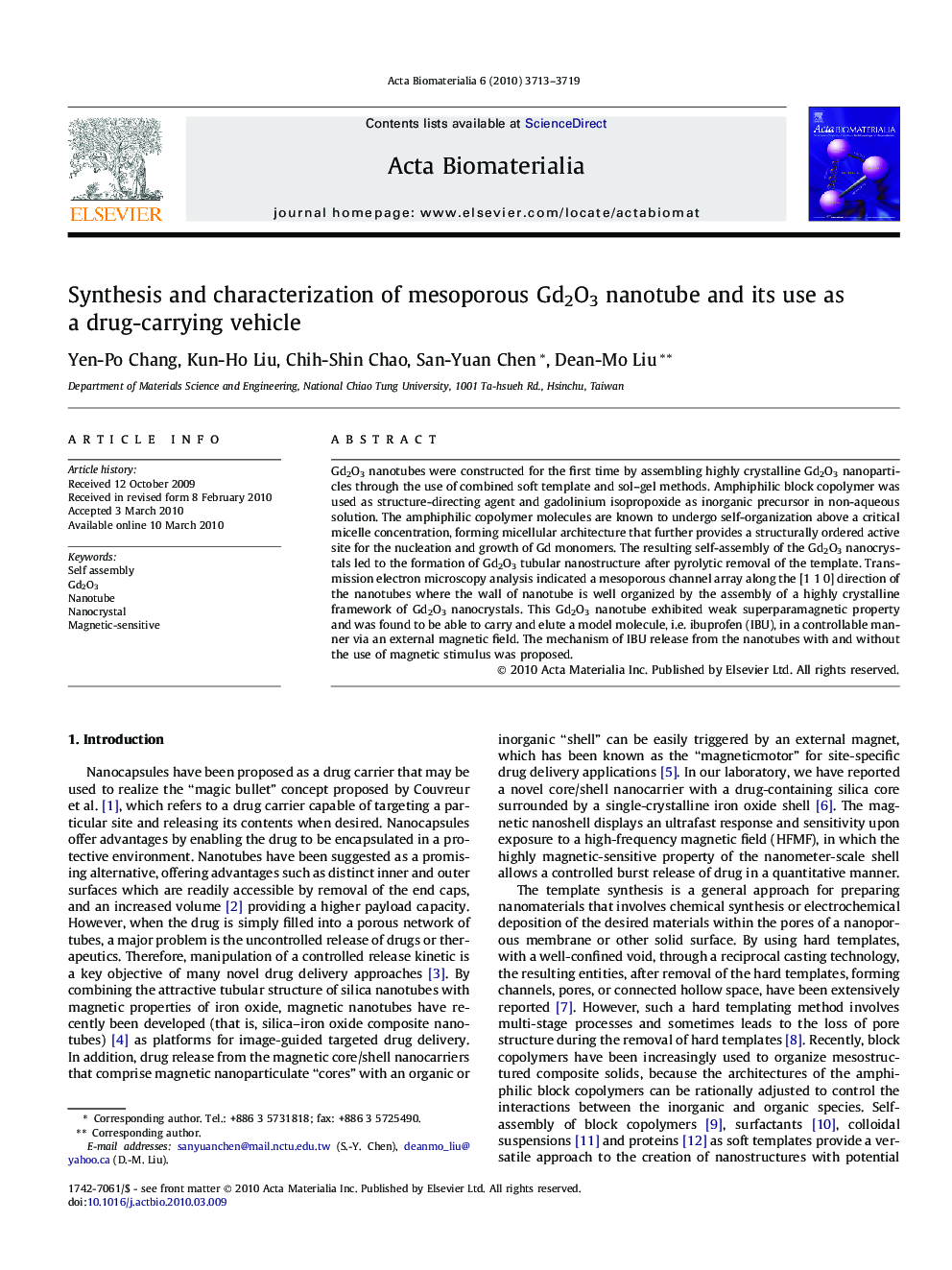 Synthesis and characterization of mesoporous Gd2O3 nanotube and its use as a drug-carrying vehicle