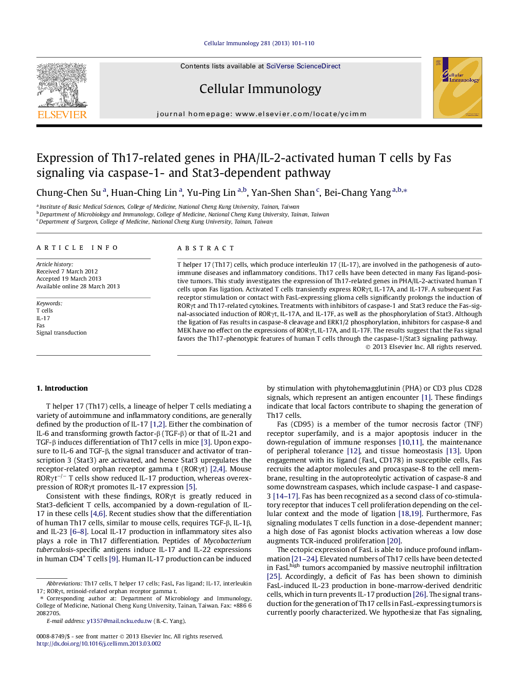 Expression of Th17-related genes in PHA/IL-2-activated human T cells by Fas signaling via caspase-1- and Stat3-dependent pathway