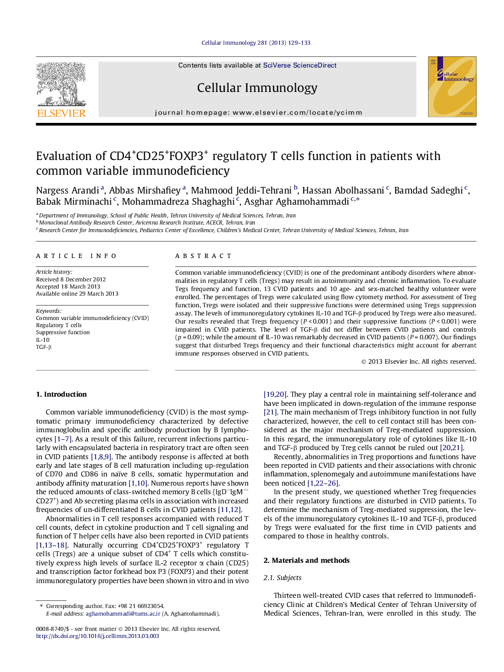 Evaluation of CD4+CD25+FOXP3+ regulatory T cells function in patients with common variable immunodeficiency