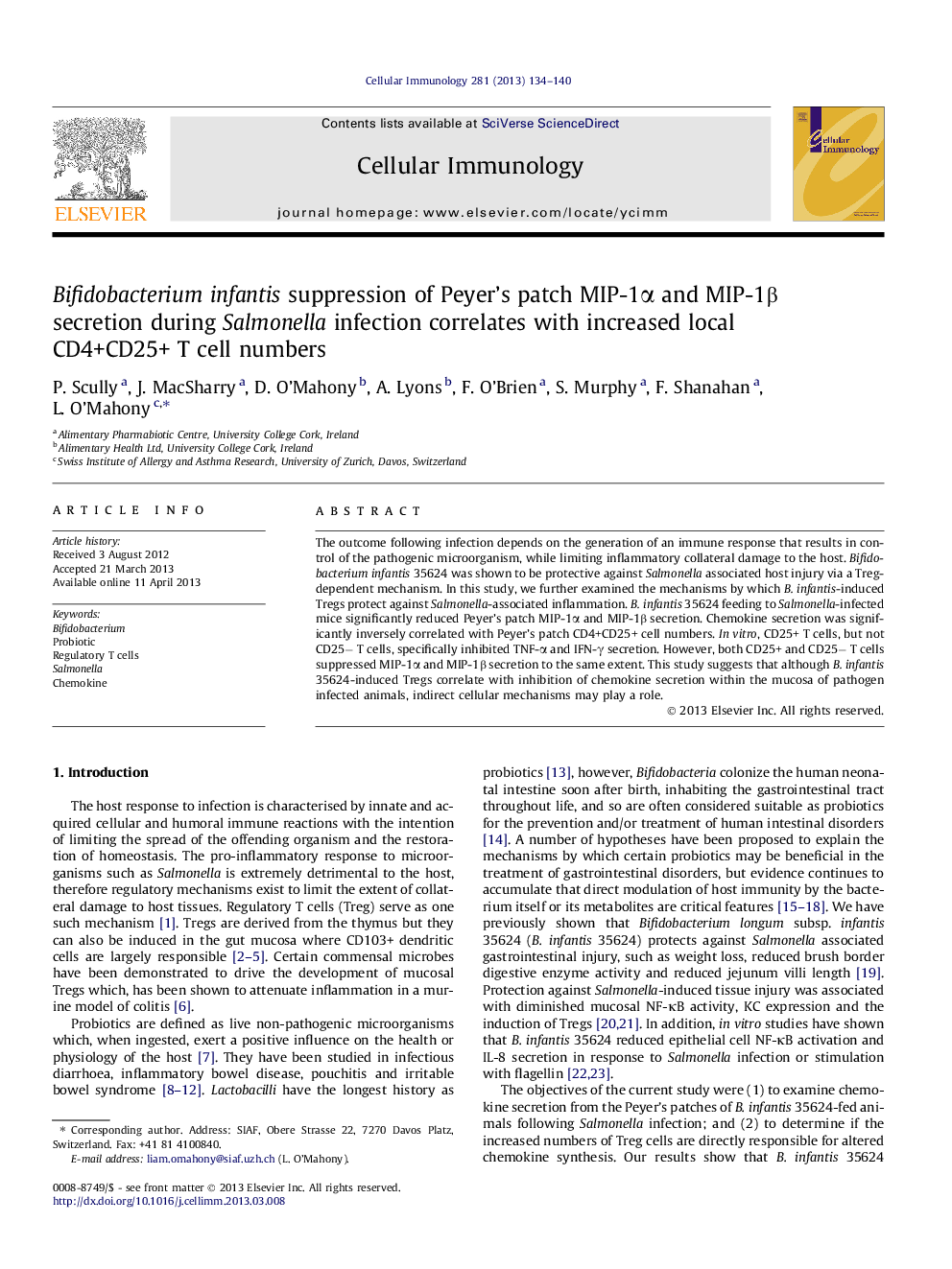 Bifidobacterium infantis suppression of Peyer’s patch MIP-1α and MIP-1β secretion during Salmonella infection correlates with increased local CD4+CD25+ T cell numbers