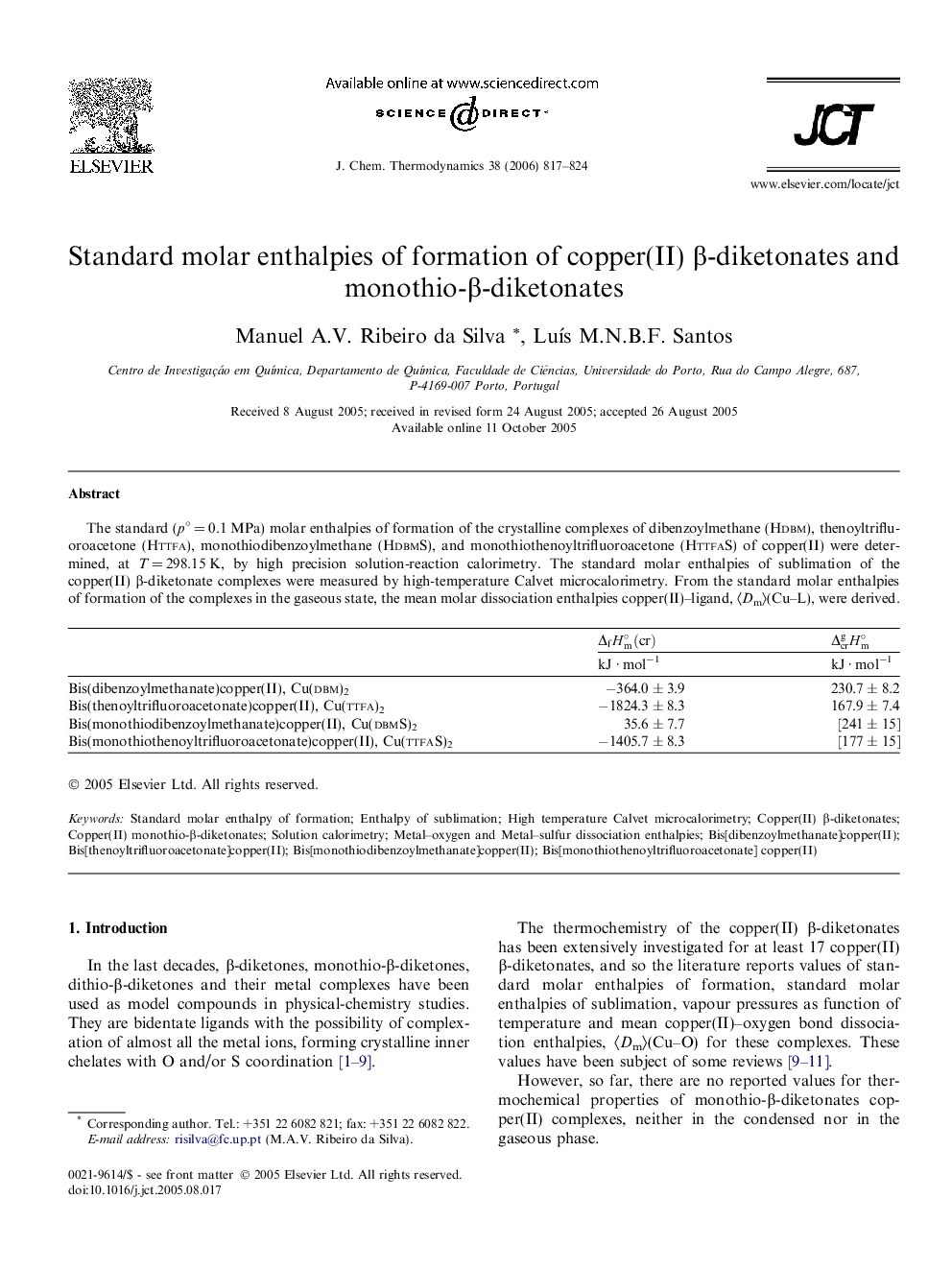 Standard molar enthalpies of formation of copper(II) β-diketonates and monothio-β-diketonates