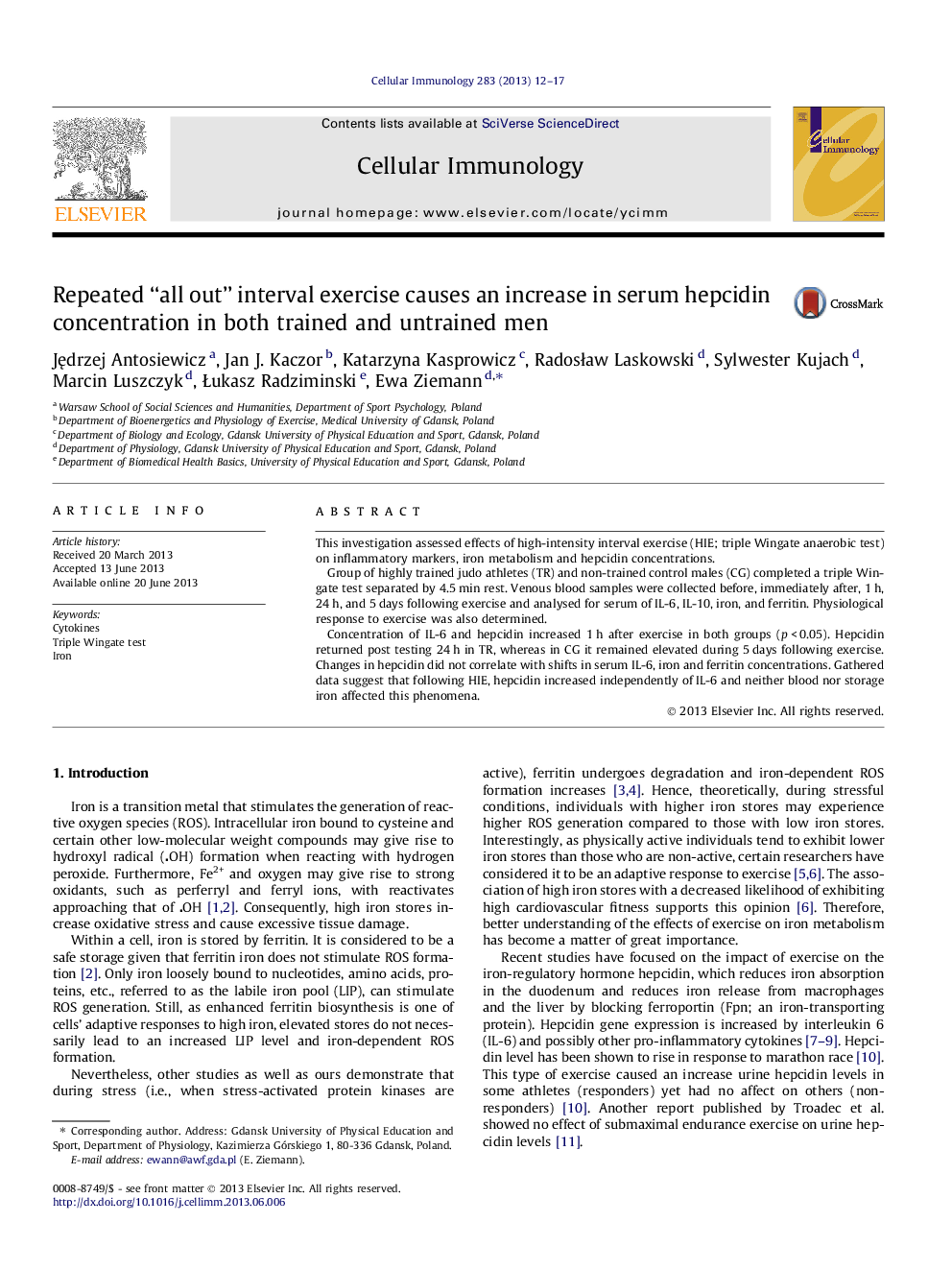 عکس صفحه اول مقاله: Repeated “all out” interval exercise causes an increase in serum hepcidin concentration in both trained and untrained men Repeated “all out” interval exercise causes an increase in serum hepcidin concentration in both trained and untrained men