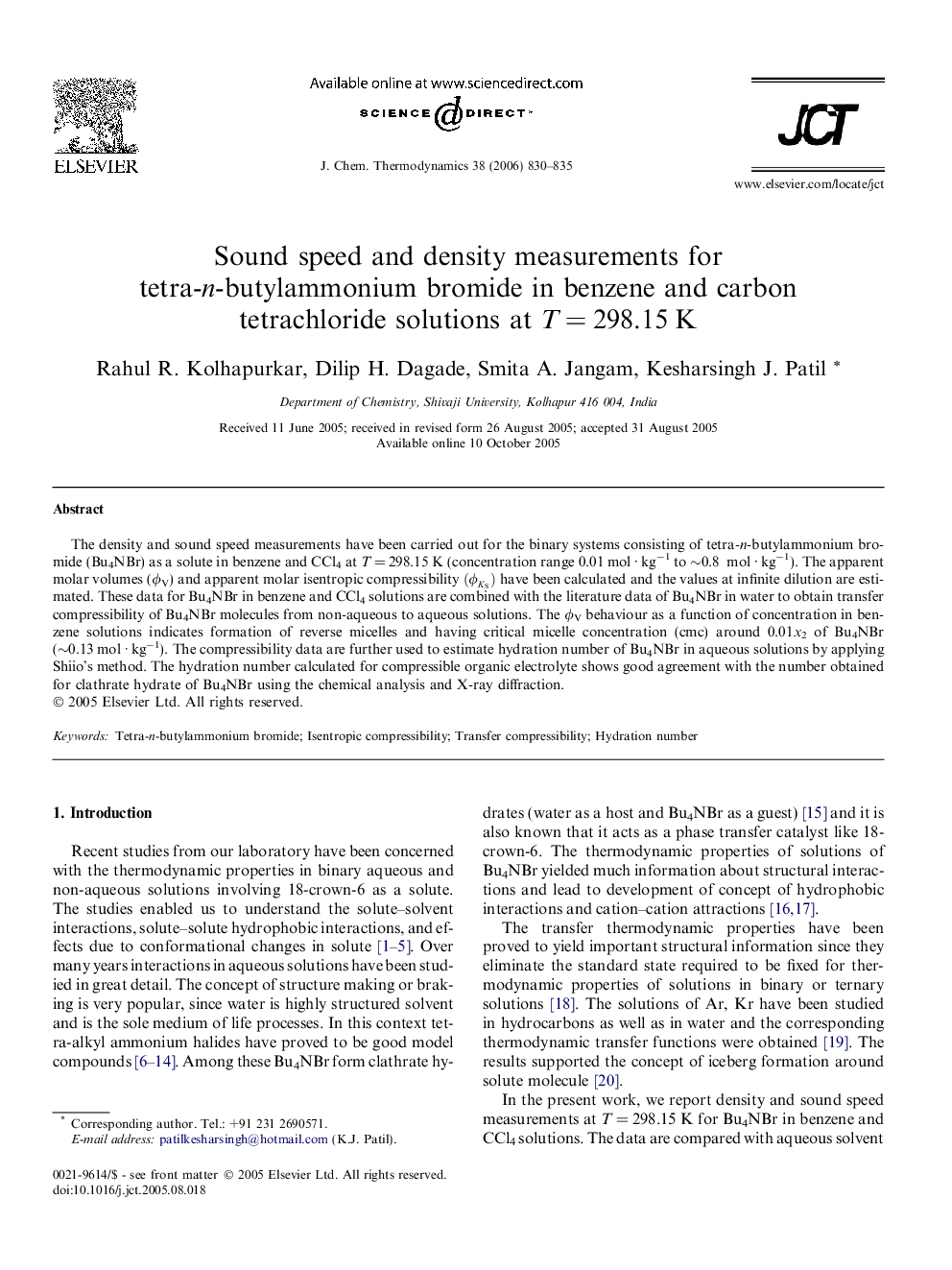 Sound speed and density measurements for tetra-n-butylammonium bromide in benzene and carbon tetrachloride solutions at T = 298.15 K