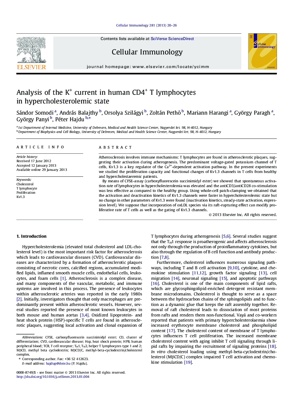 Analysis of the K+ current in human CD4+ T lymphocytes in hypercholesterolemic state