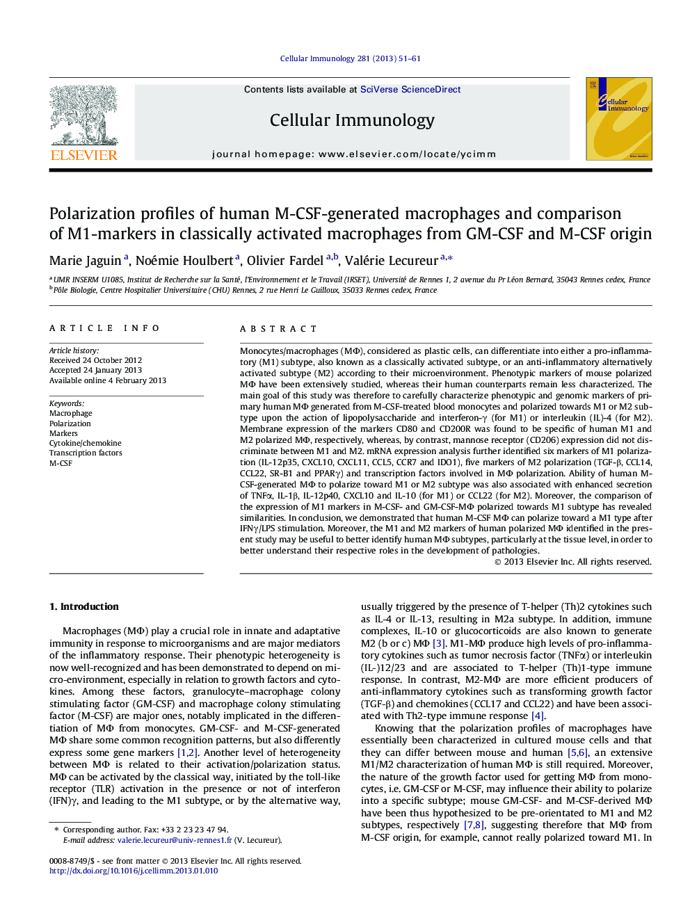 Polarization profiles of human M-CSF-generated macrophages and comparison of M1-markers in classically activated macrophages from GM-CSF and M-CSF origin