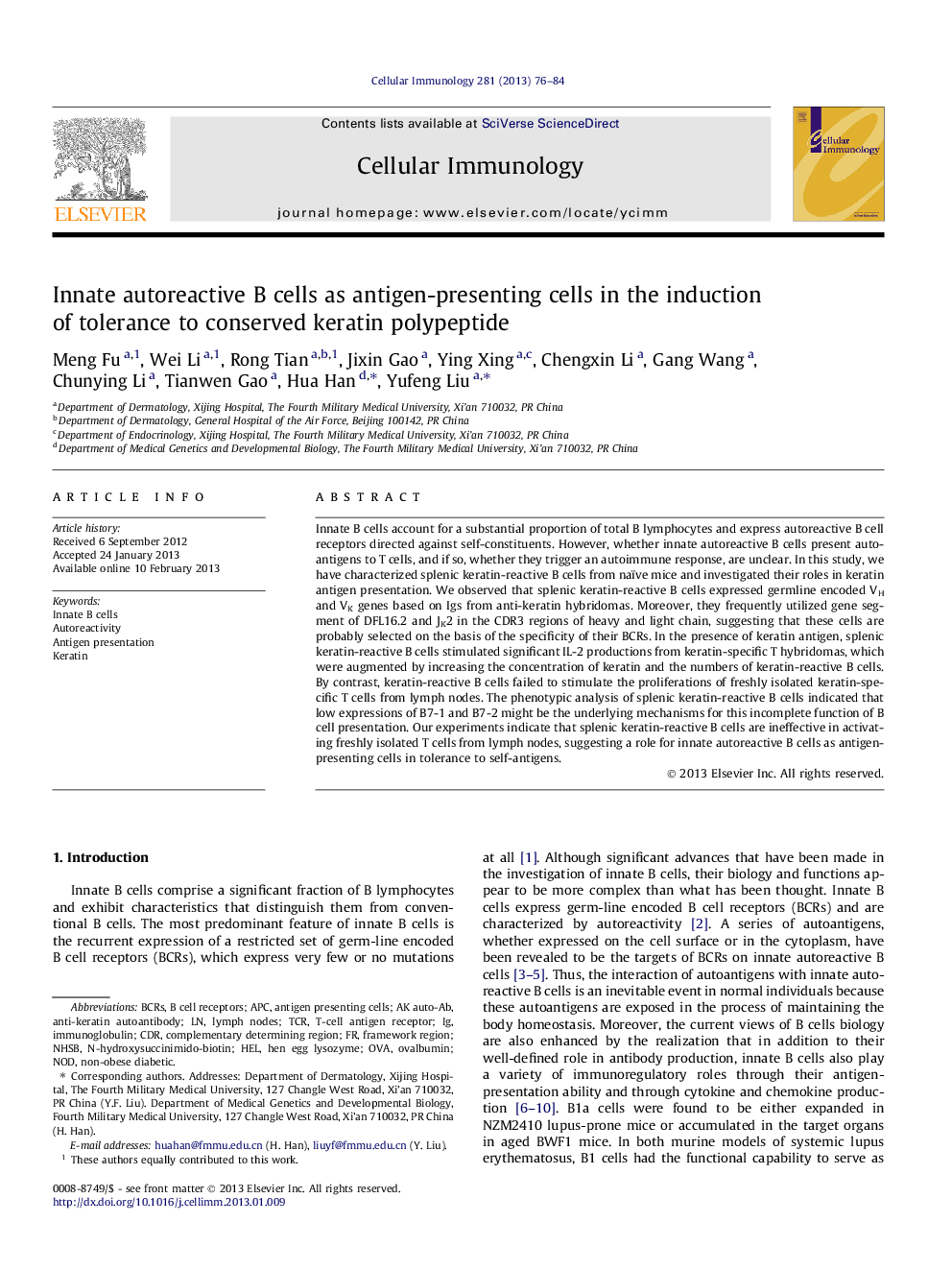 Innate autoreactive B cells as antigen-presenting cells in the induction of tolerance to conserved keratin polypeptide