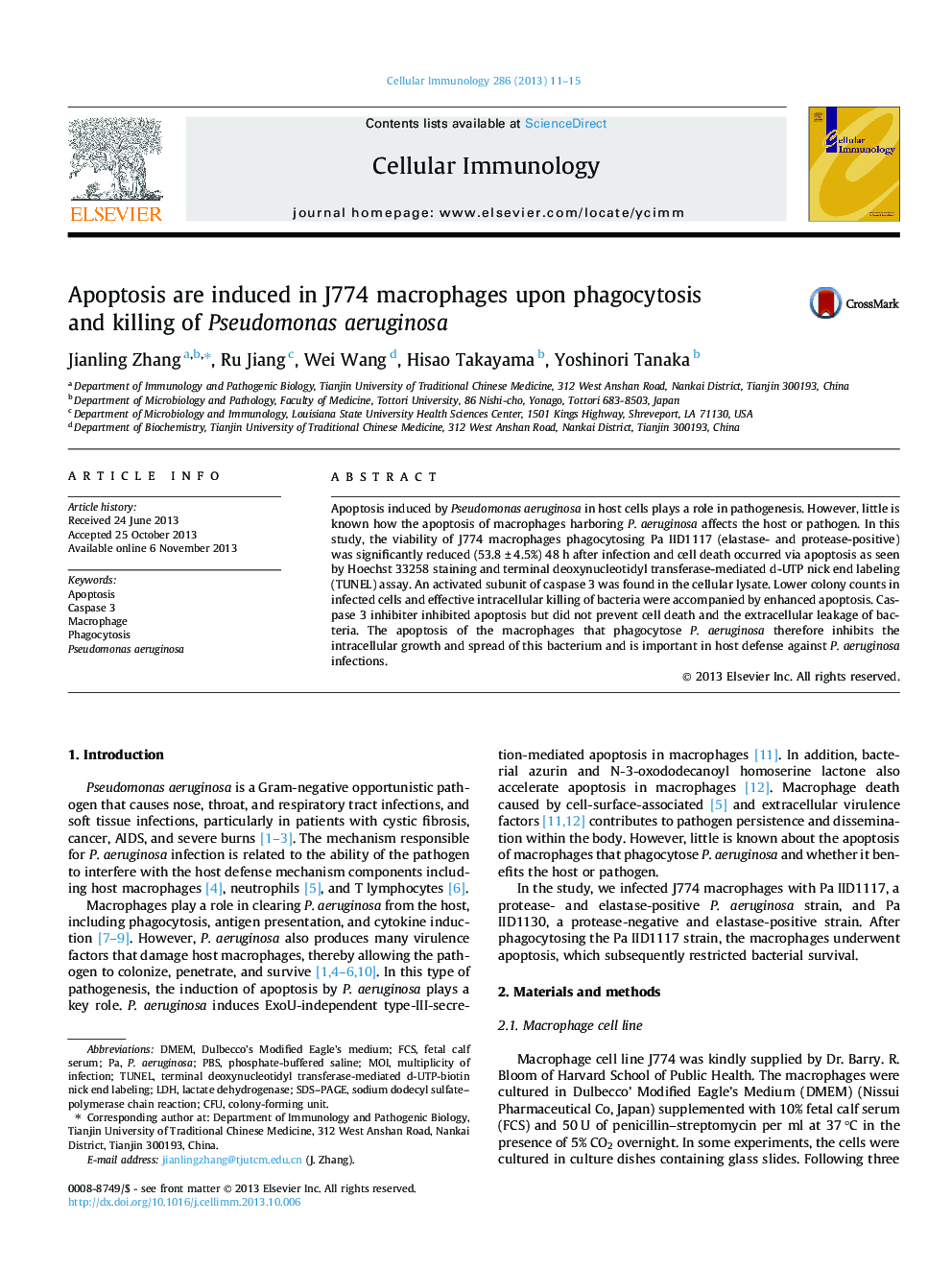 Apoptosis are induced in J774 macrophages upon phagocytosis and killing of Pseudomonas aeruginosa