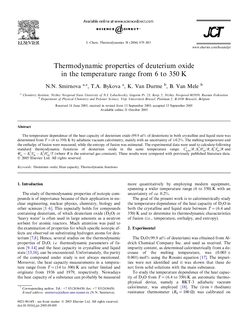 عکس صفحه اول مقاله: Thermodynamic properties of deuterium oxide in the temperature range from 6 to 350 K Thermodynamic properties of deuterium oxide in the temperature range from 6 to 350 K