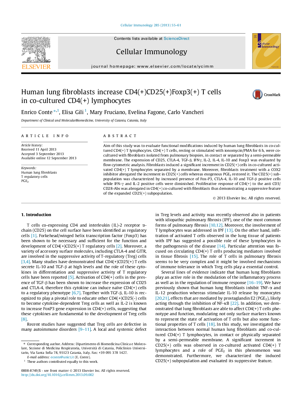 Human lung fibroblasts increase CD4(+)CD25(+)Foxp3(+) T cells in co-cultured CD4(+) lymphocytes