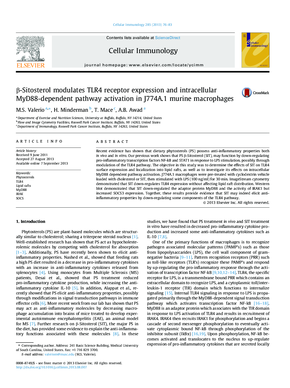β-Sitosterol modulates TLR4 receptor expression and intracellular MyD88-dependent pathway activation in J774A.1 murine macrophages