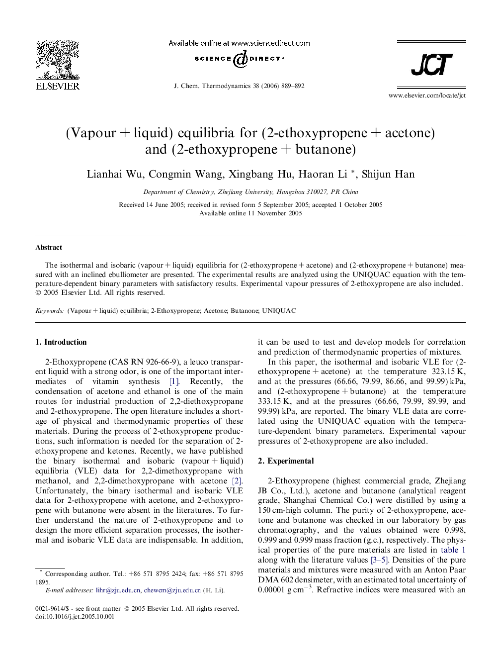 (Vapour + liquid) equilibria for (2-ethoxypropene + acetone) and (2-ethoxypropene + butanone)