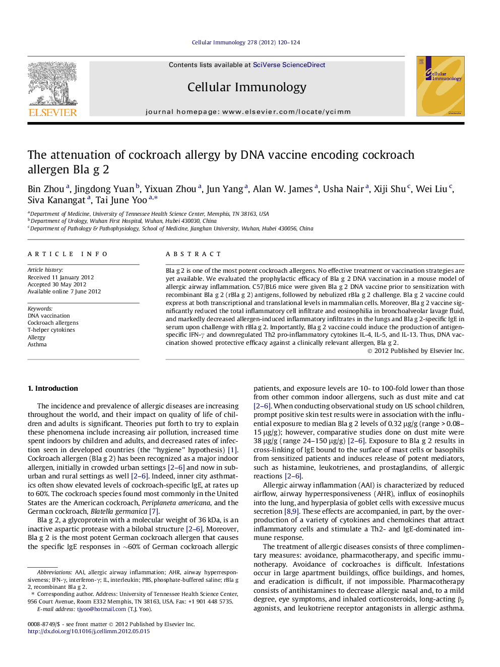 The attenuation of cockroach allergy by DNA vaccine encoding cockroach allergen Bla g 2