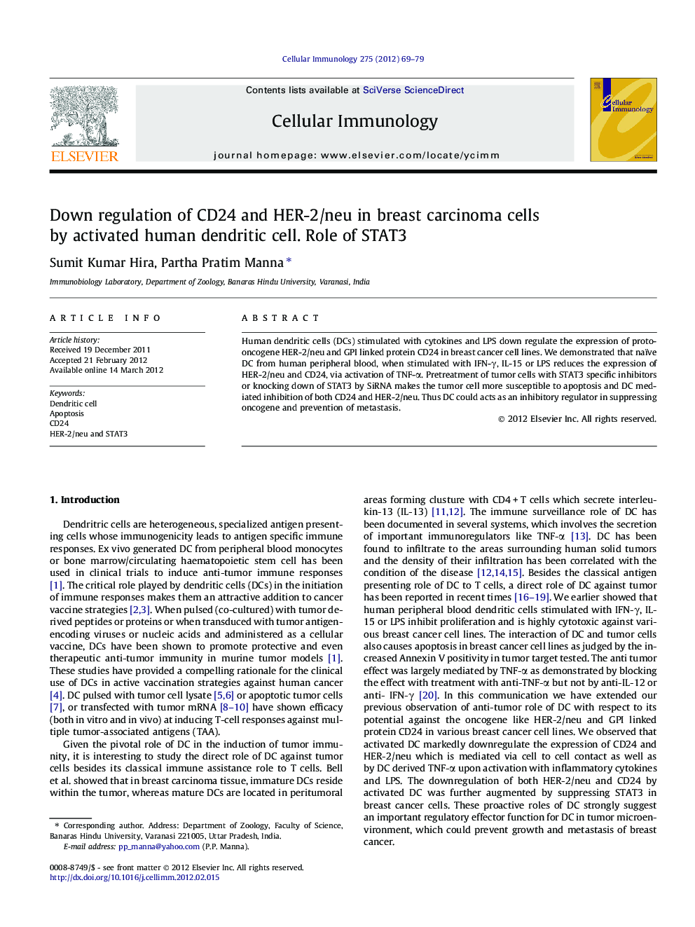 Down regulation of CD24 and HER-2/neu in breast carcinoma cells by activated human dendritic cell. Role of STAT3