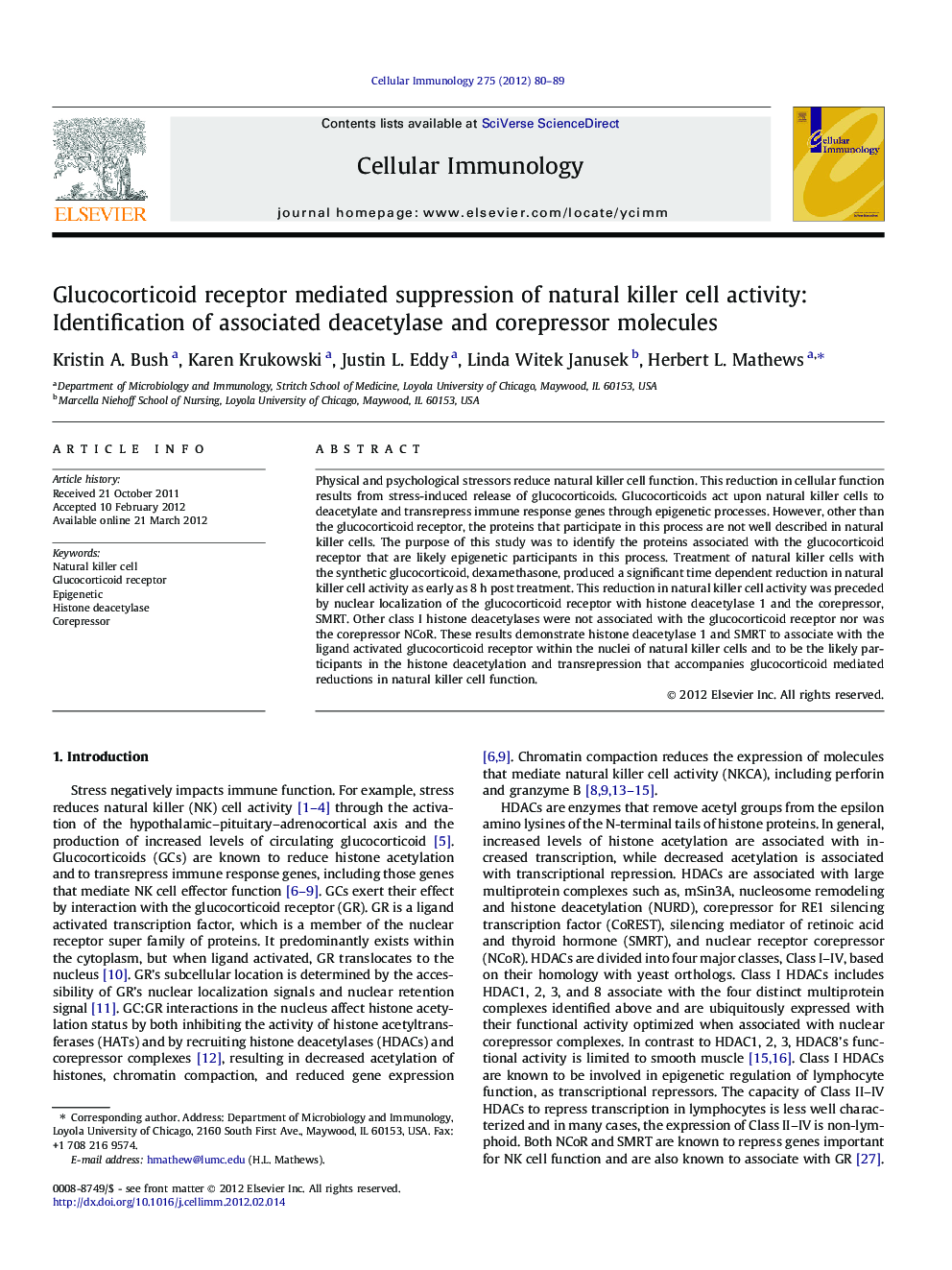 Glucocorticoid receptor mediated suppression of natural killer cell activity: Identification of associated deacetylase and corepressor molecules