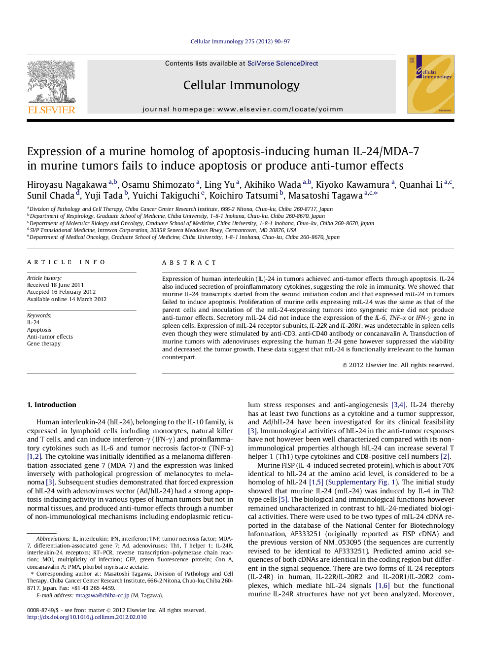 Expression of a murine homolog of apoptosis-inducing human IL-24/MDA-7 in murine tumors fails to induce apoptosis or produce anti-tumor effects