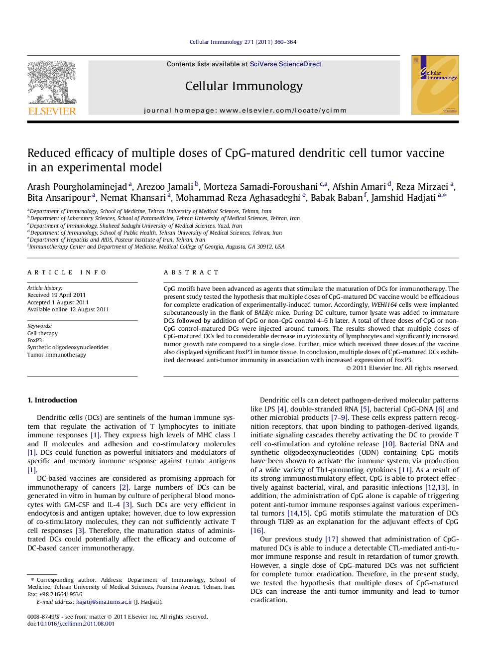 Reduced efficacy of multiple doses of CpG-matured dendritic cell tumor vaccine in an experimental model