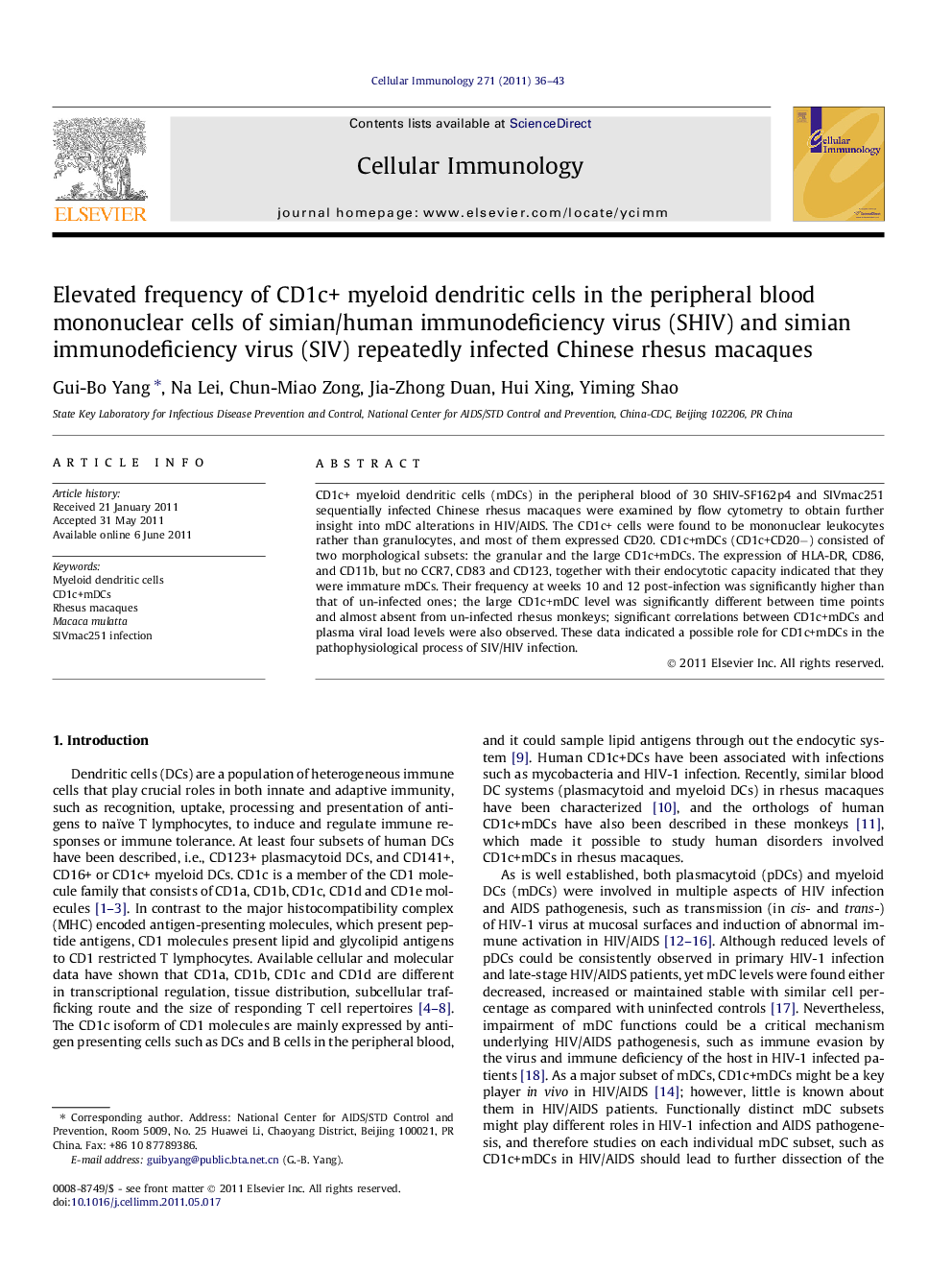 Elevated frequency of CD1c+ myeloid dendritic cells in the peripheral blood mononuclear cells of simian/human immunodeficiency virus (SHIV) and simian immunodeficiency virus (SIV) repeatedly infected Chinese rhesus macaques