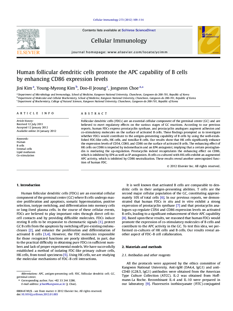 Human follicular dendritic cells promote the APC capability of B cells by enhancing CD86 expression levels