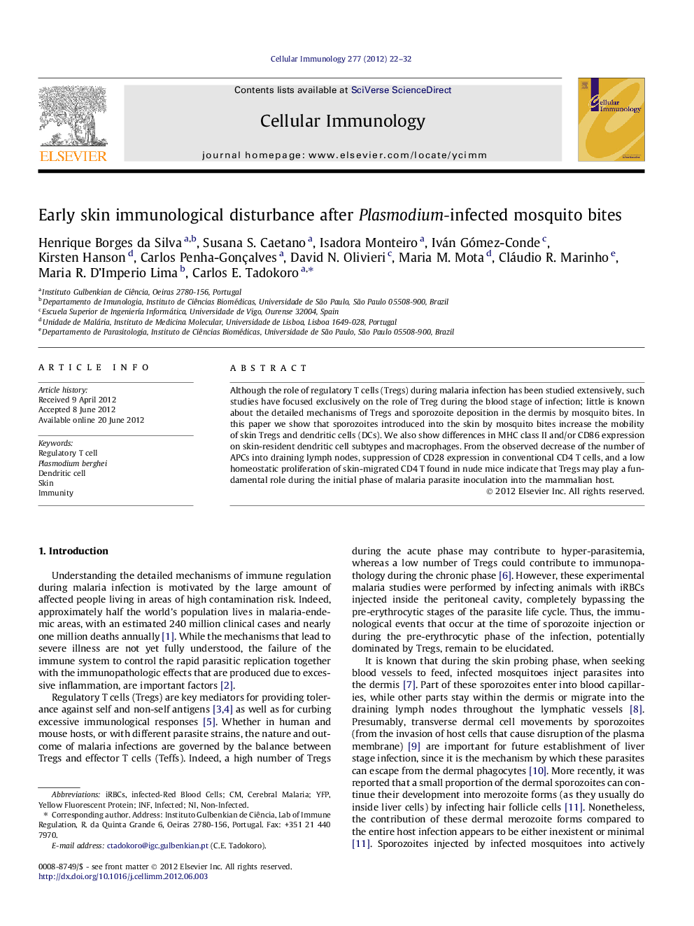 Early skin immunological disturbance after Plasmodium-infected mosquito bites