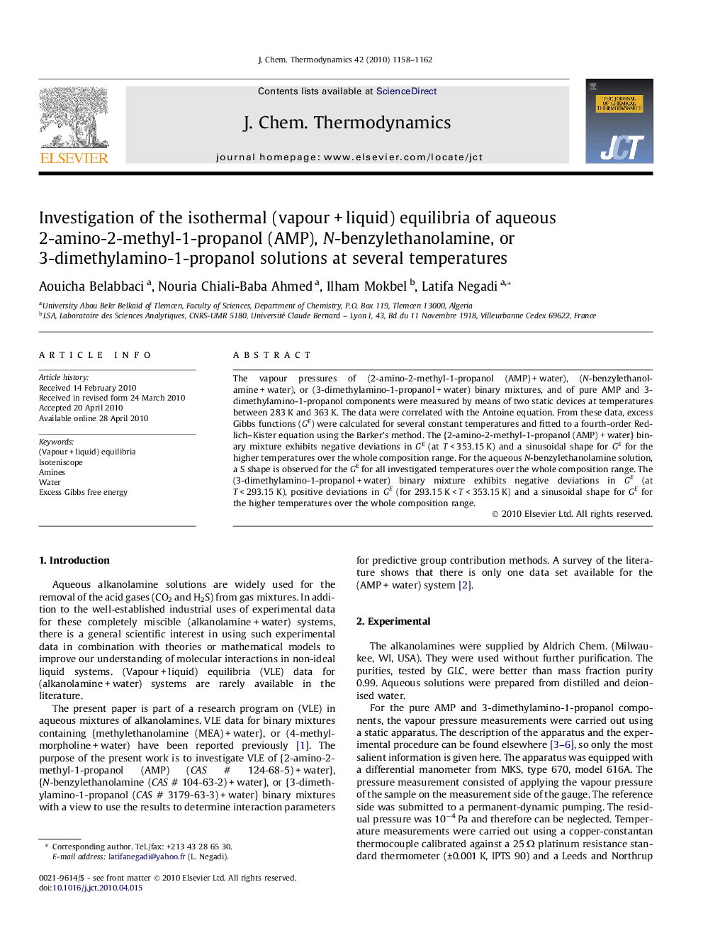 Investigation of the isothermal (vapour + liquid) equilibria of aqueous 2-amino-2-methyl-1-propanol (AMP), N-benzylethanolamine, or 3-dimethylamino-1-propanol solutions at several temperatures