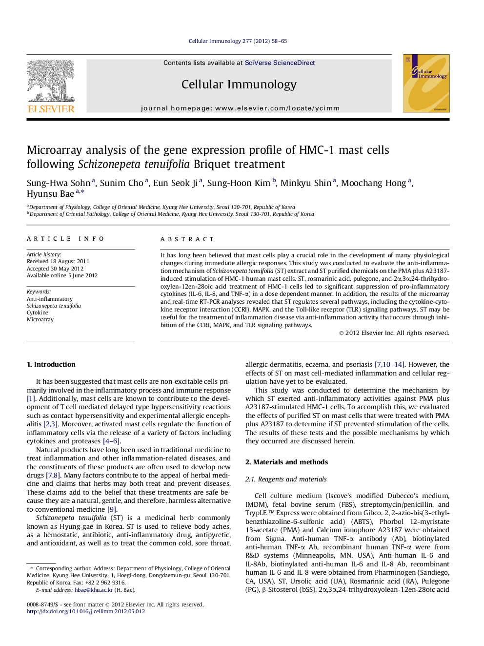 Microarray analysis of the gene expression profile of HMC-1 mast cells following Schizonepeta tenuifolia Briquet treatment