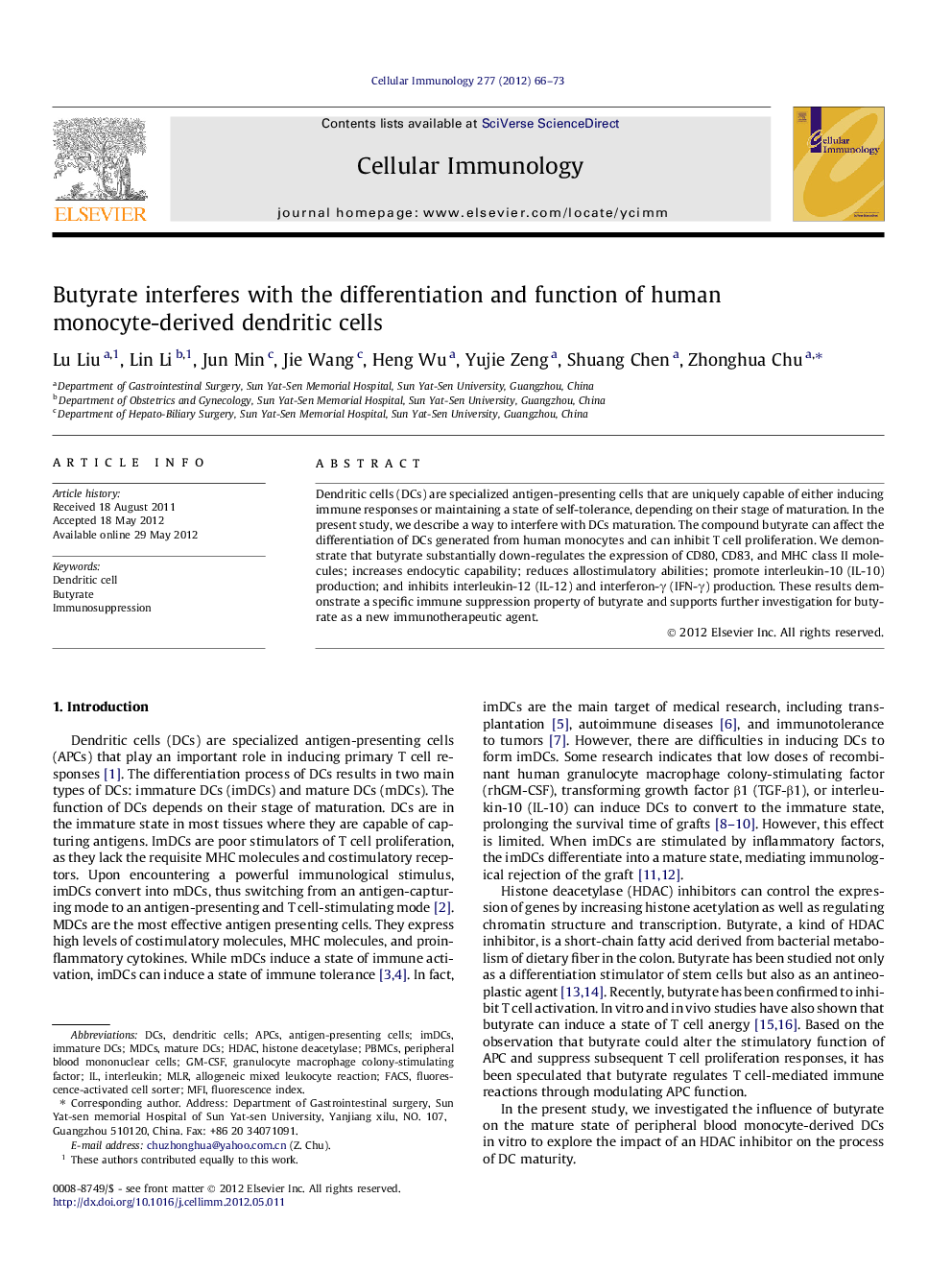عکس صفحه اول مقاله: Butyrate interferes with the differentiation and function of human monocyte-derived dendritic cells Butyrate interferes with the differentiation and function of human monocyte-derived dendritic cells
