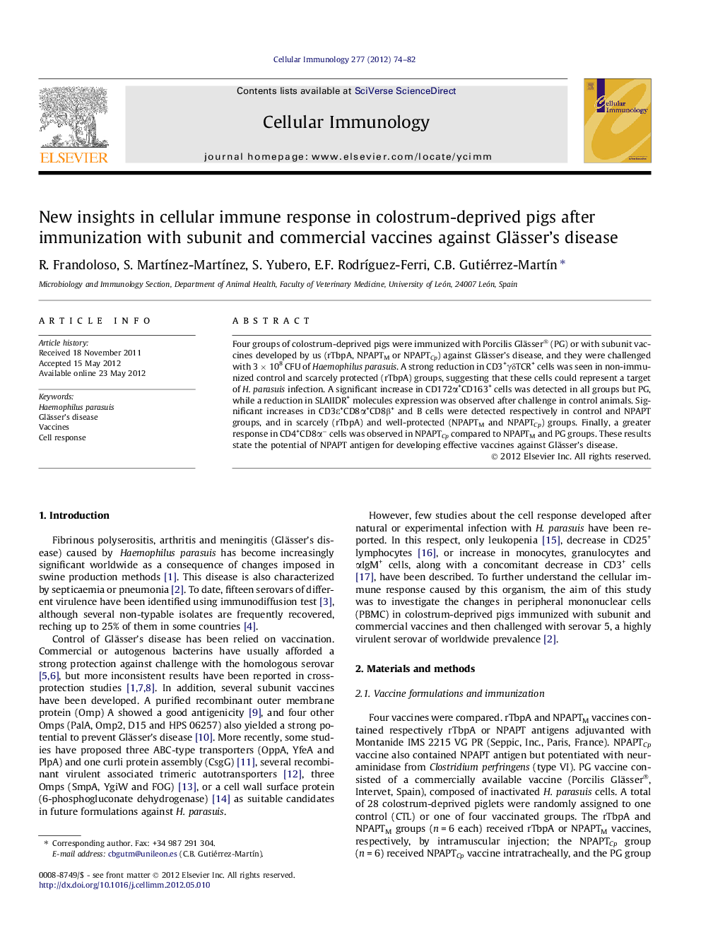 New insights in cellular immune response in colostrum-deprived pigs after immunization with subunit and commercial vaccines against Glässer’s disease