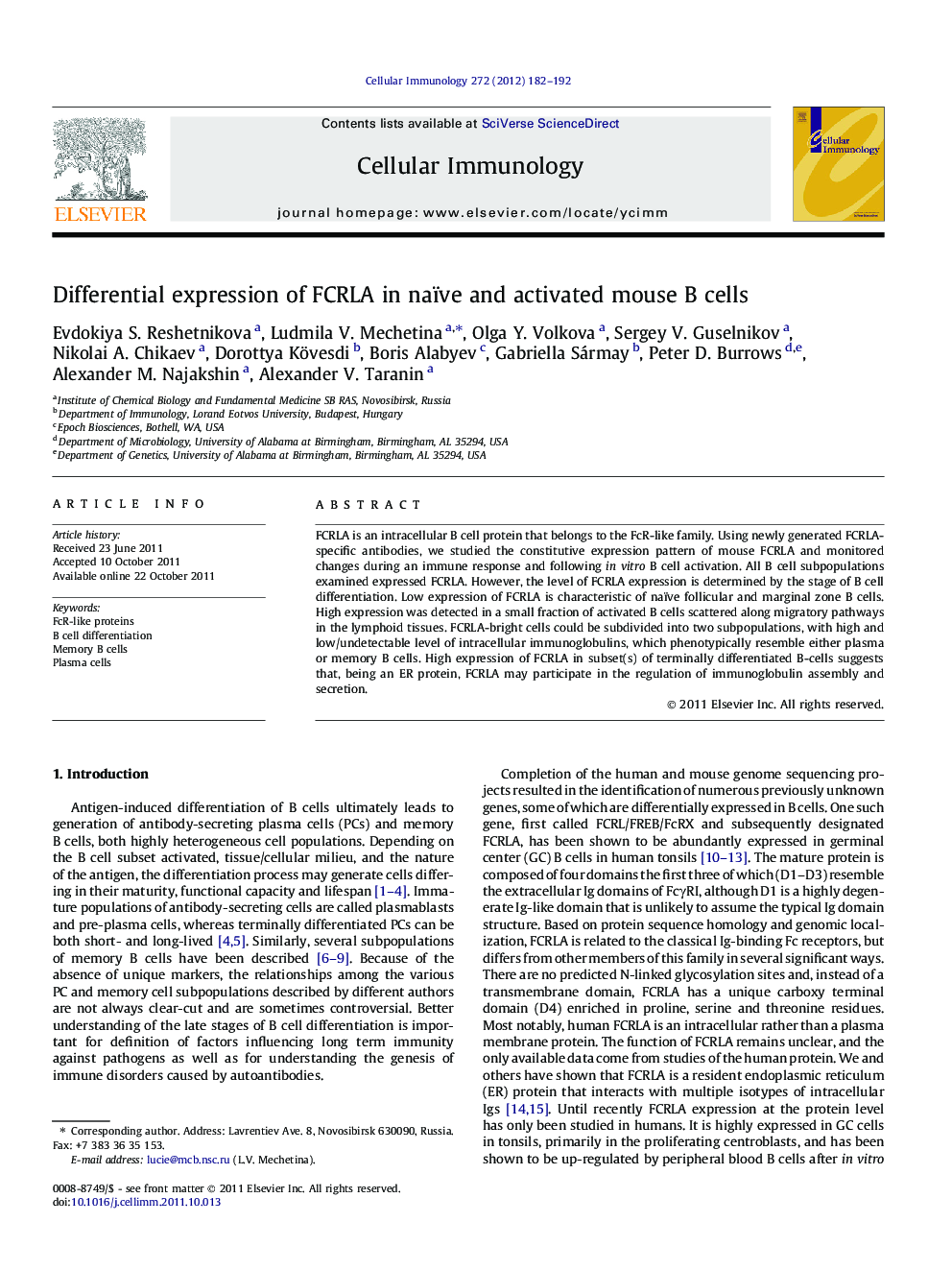 Differential expression of FCRLA in naïve and activated mouse B cells