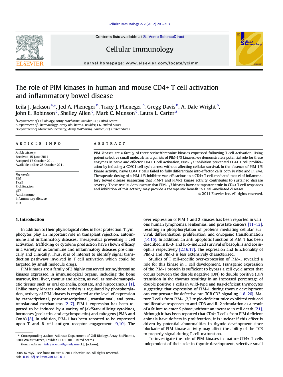 The role of PIM kinases in human and mouse CD4+ T cell activation and inflammatory bowel disease