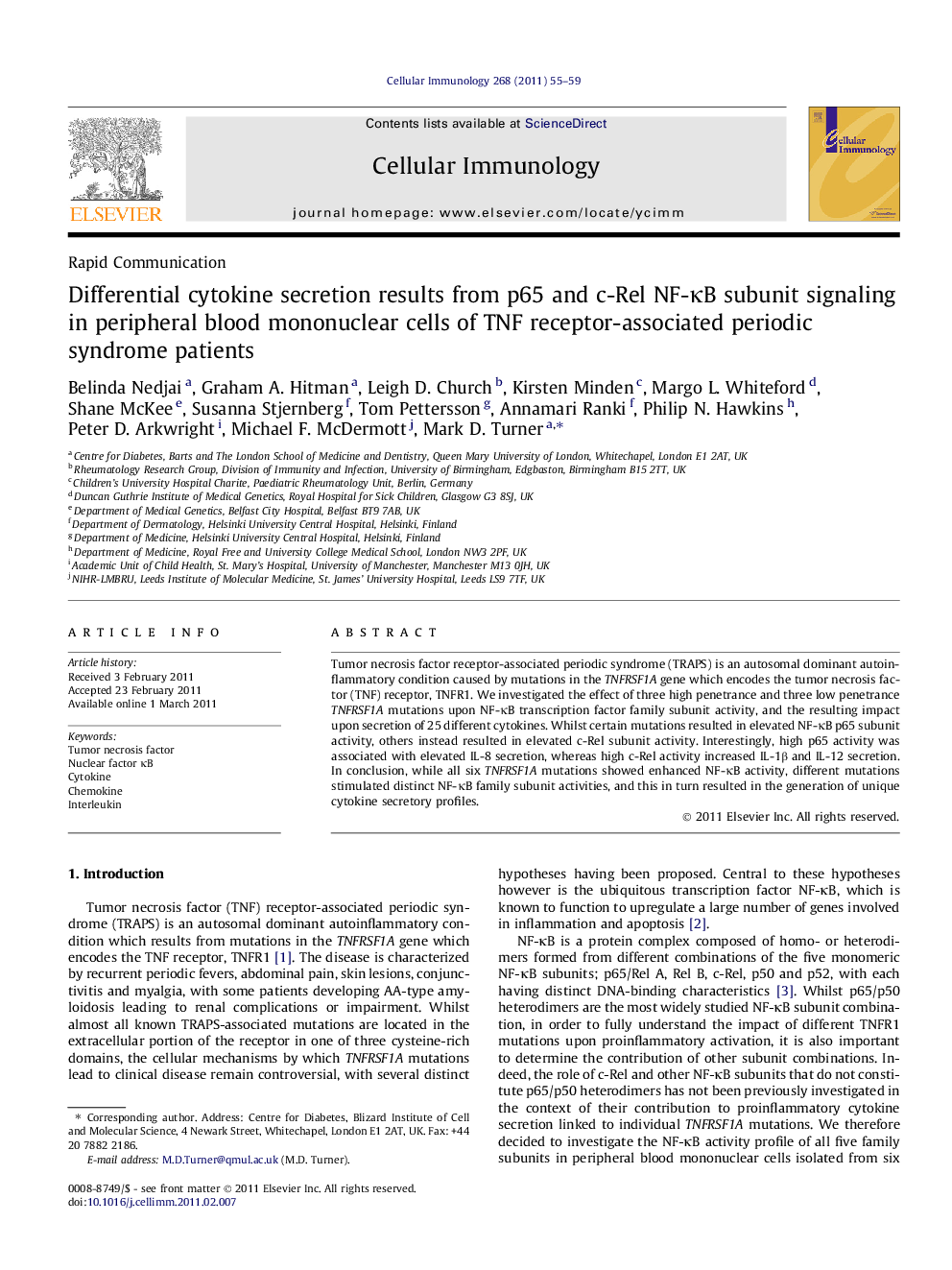 Differential cytokine secretion results from p65 and c-Rel NF-κB subunit signaling in peripheral blood mononuclear cells of TNF receptor-associated periodic syndrome patients