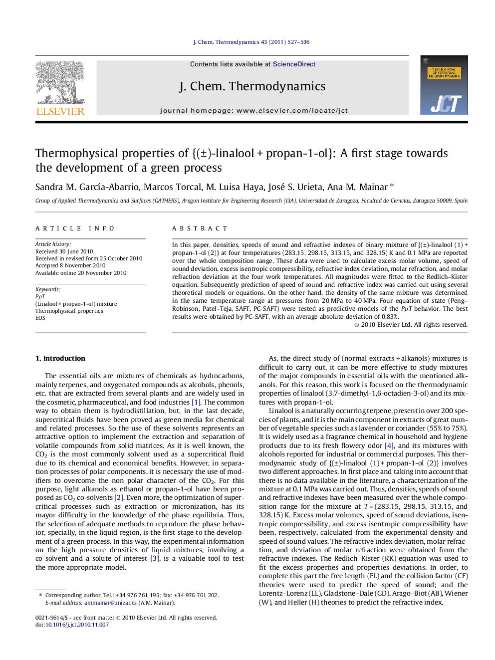 عکس صفحه اول مقاله: Thermophysical properties of {(±)-linalool + propan-1-ol}: A first stage towards the development of a green process Thermophysical properties of {(±)-linalool + propan-1-ol}: A first stage towards the development of a green process