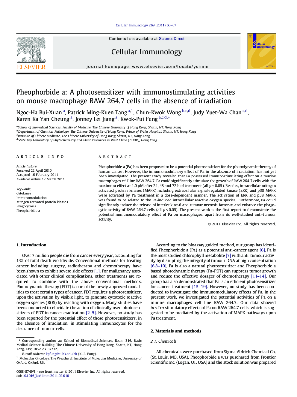 Pheophorbide a: A photosensitizer with immunostimulating activities on mouse macrophage RAW 264.7 cells in the absence of irradiation