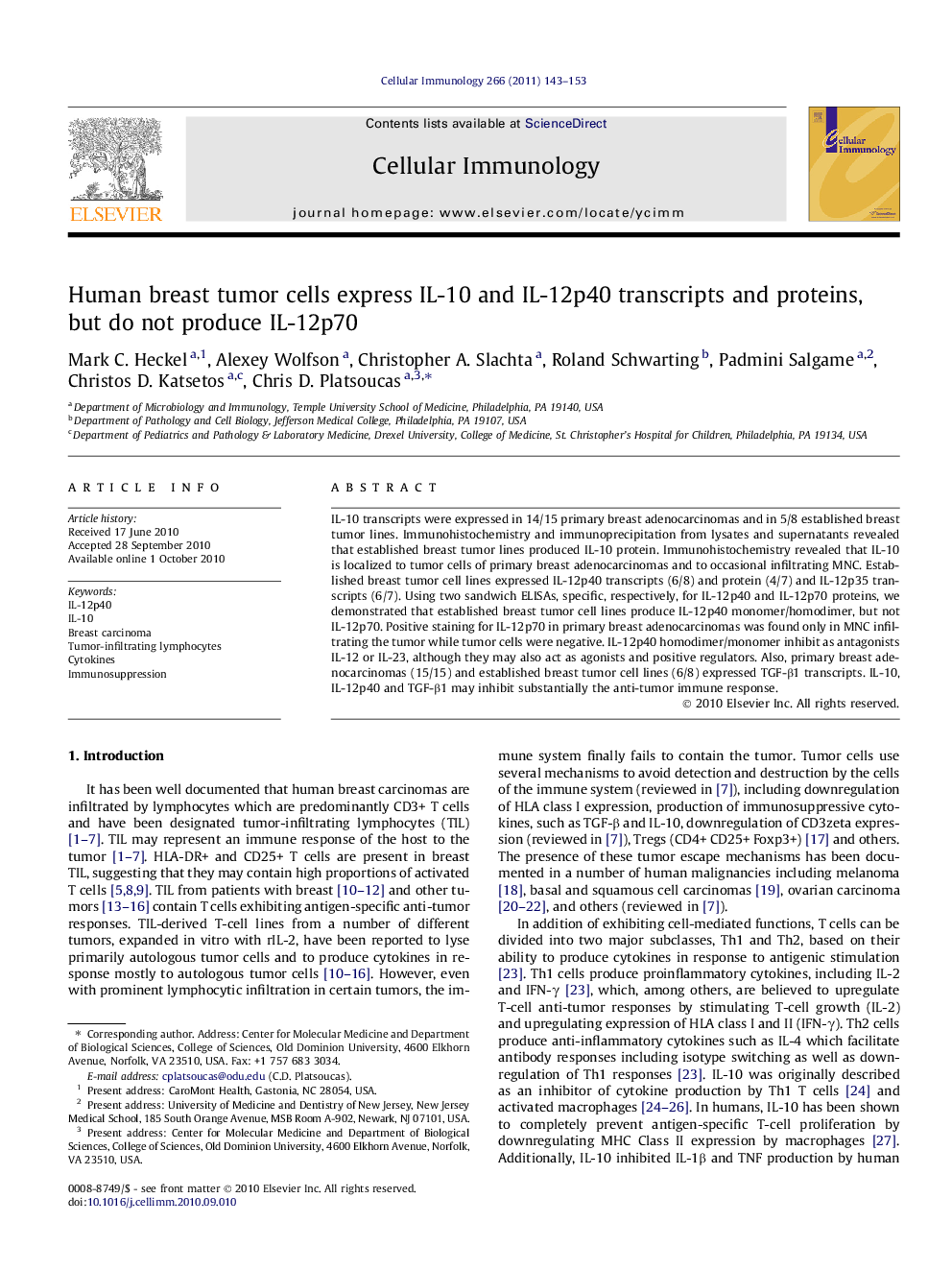 Human breast tumor cells express IL-10 and IL-12p40 transcripts and proteins, but do not produce IL-12p70